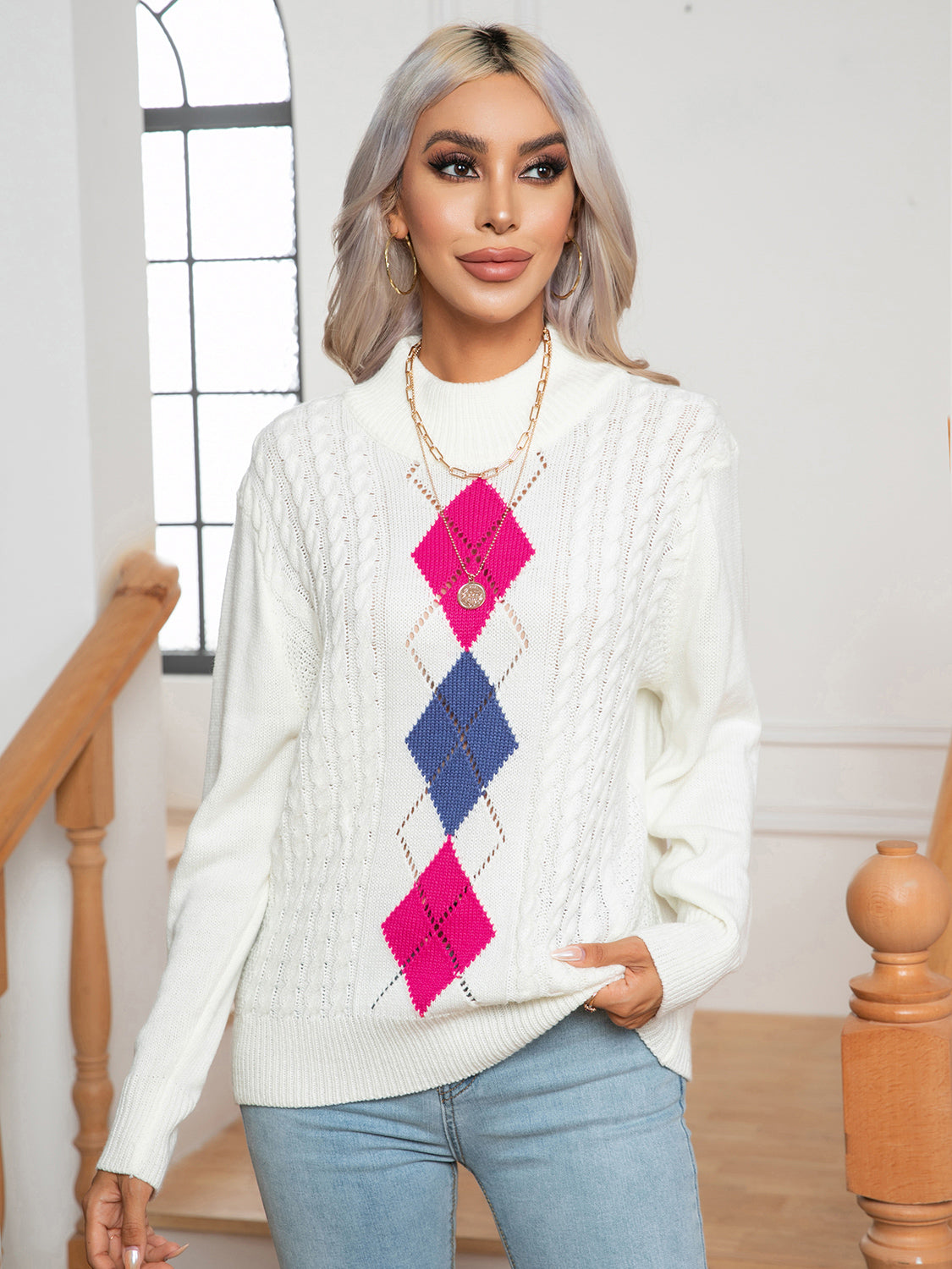 Openwork Geometric Mock Neck Sweater nicholesgifts