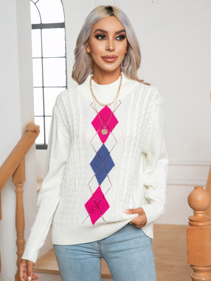Openwork Geometric Mock Neck Sweater nicholesgifts
