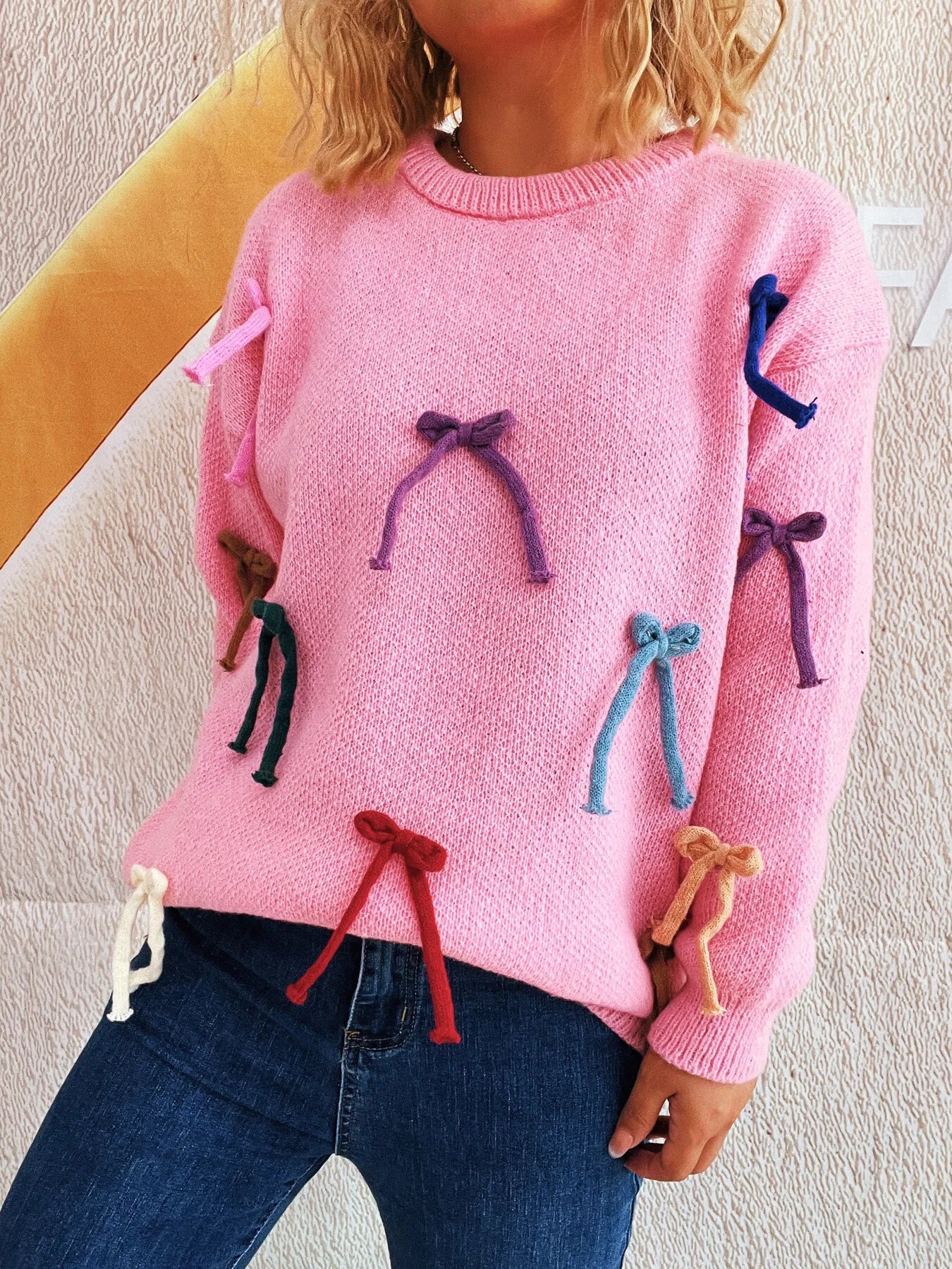 Colorful Bow Round Neck Sweater