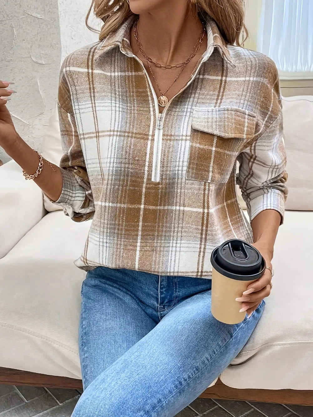 Plaid Collared Neck Half Zip Long Sleeve Top Trendsi