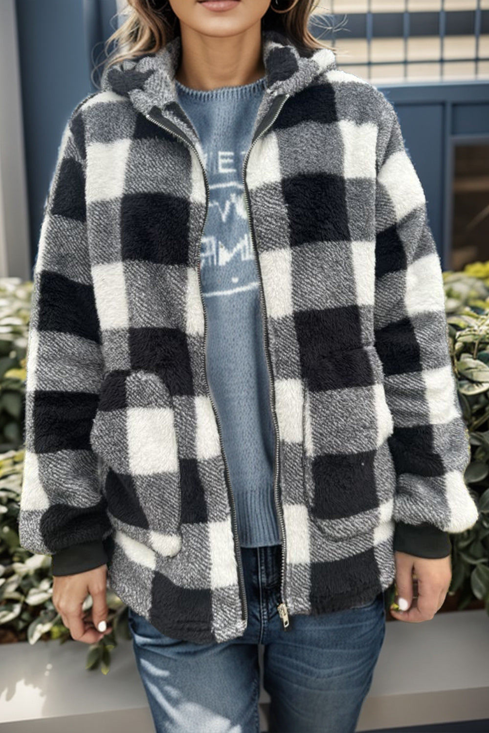 Double Take Full Size Plaid Long Sleeve Hooded Coat nicholesgifts