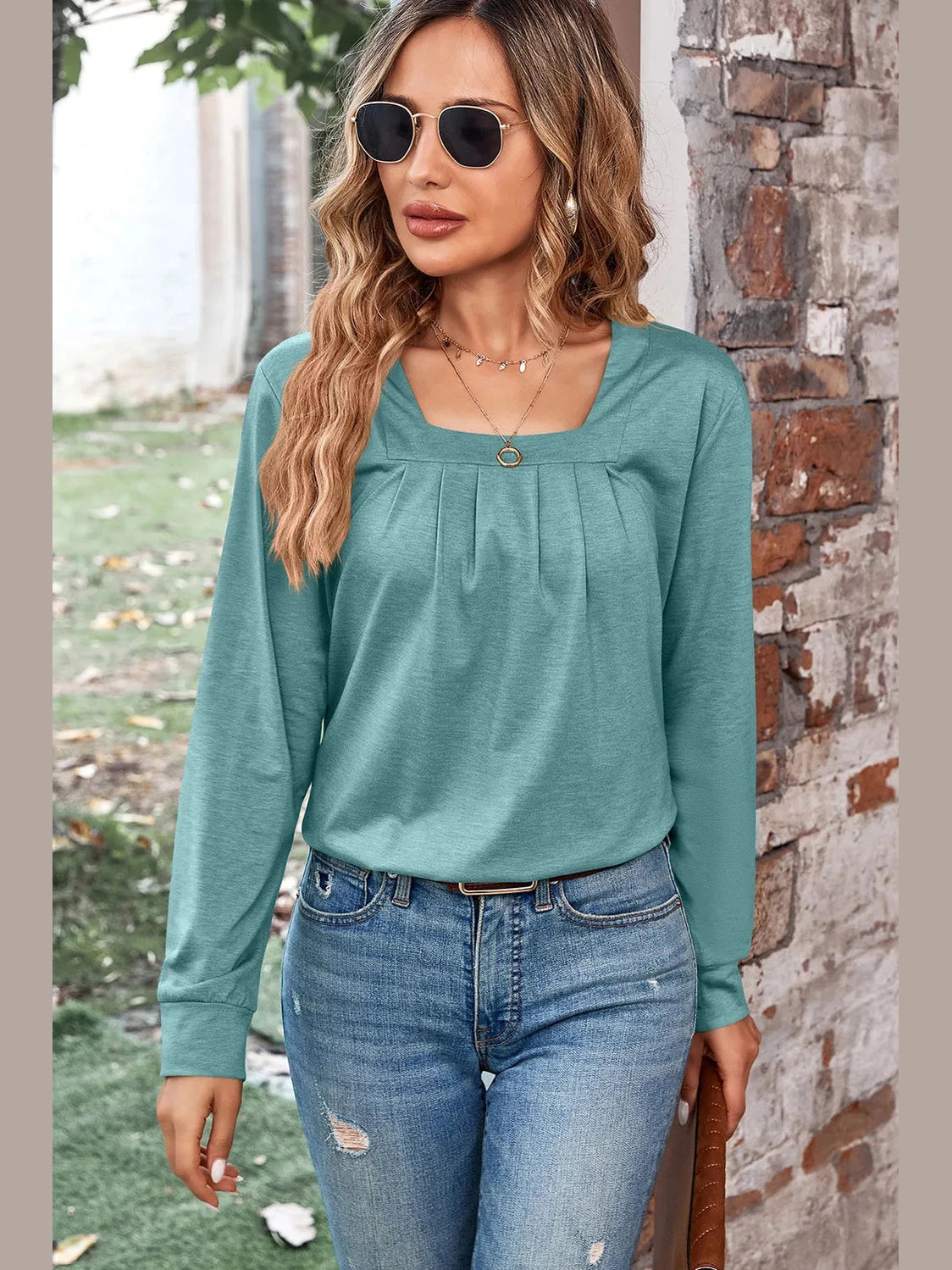 Ruched Square Neck Long Sleeve T-Shirt NicholesGifts