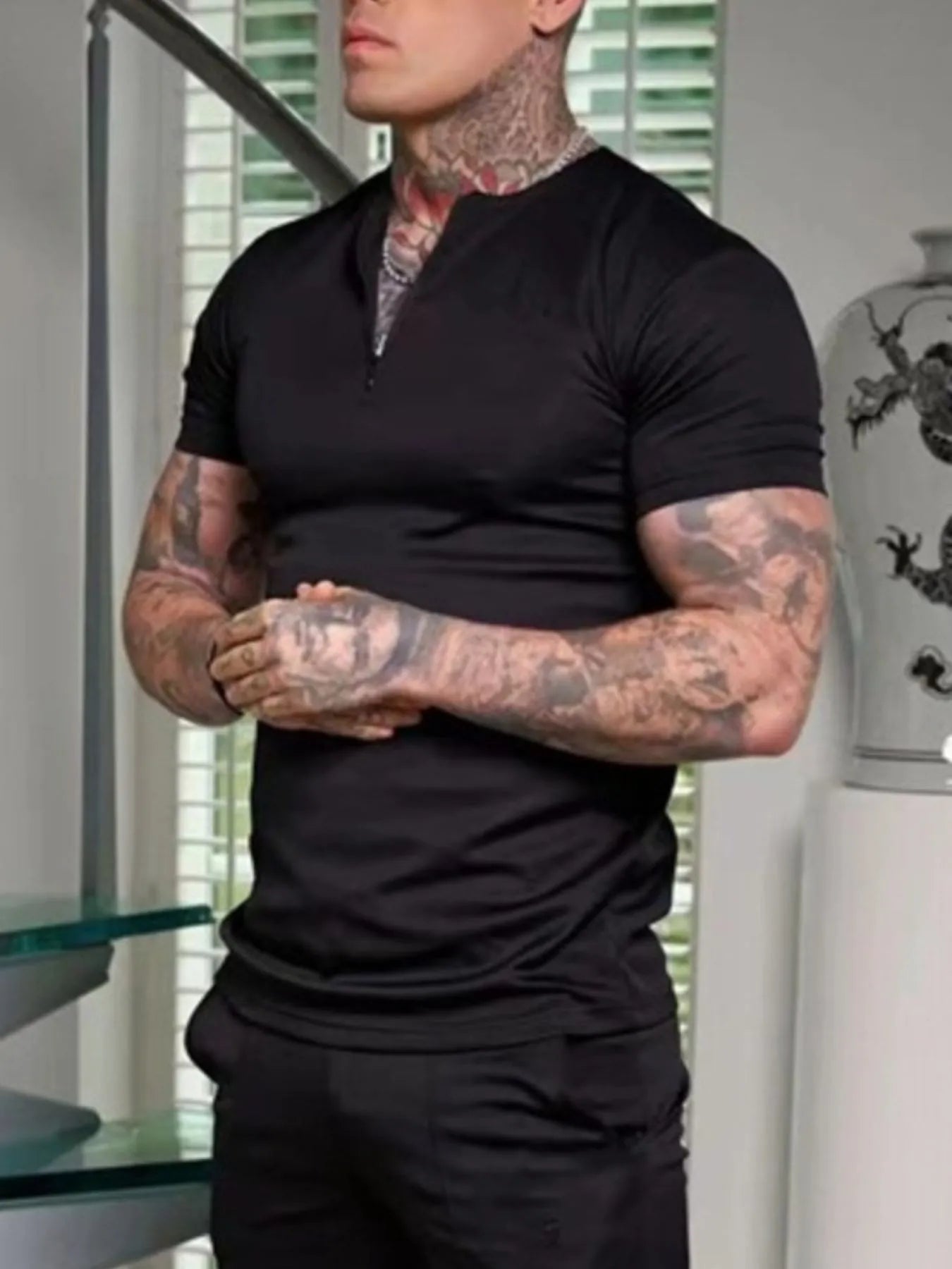 Men's Notched Short Sleeve Active T-Shirt Trendsi