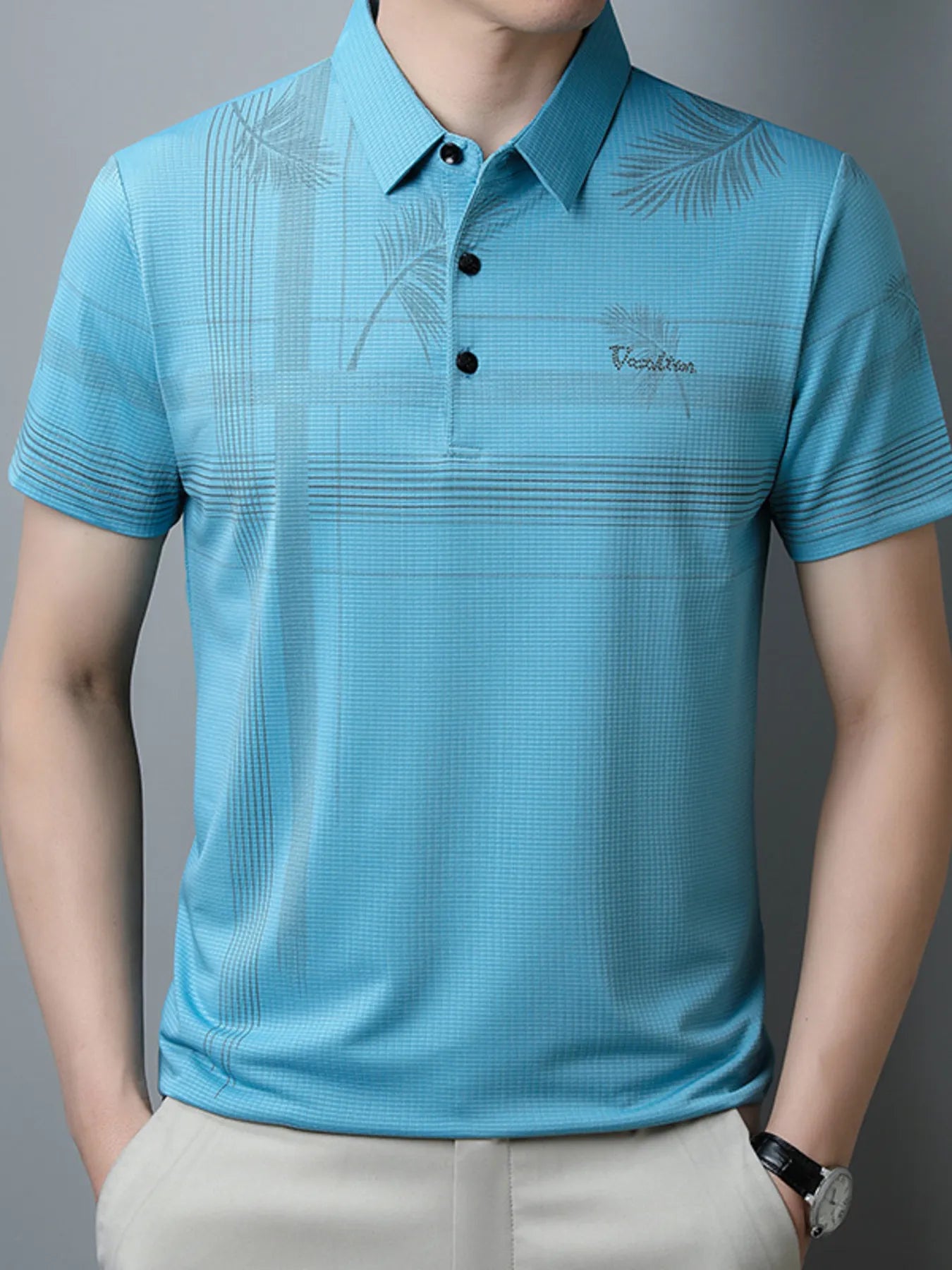 Men's Plus Size Palm Leaf Print Short Sleeve Polo Shirt NicholesGifts