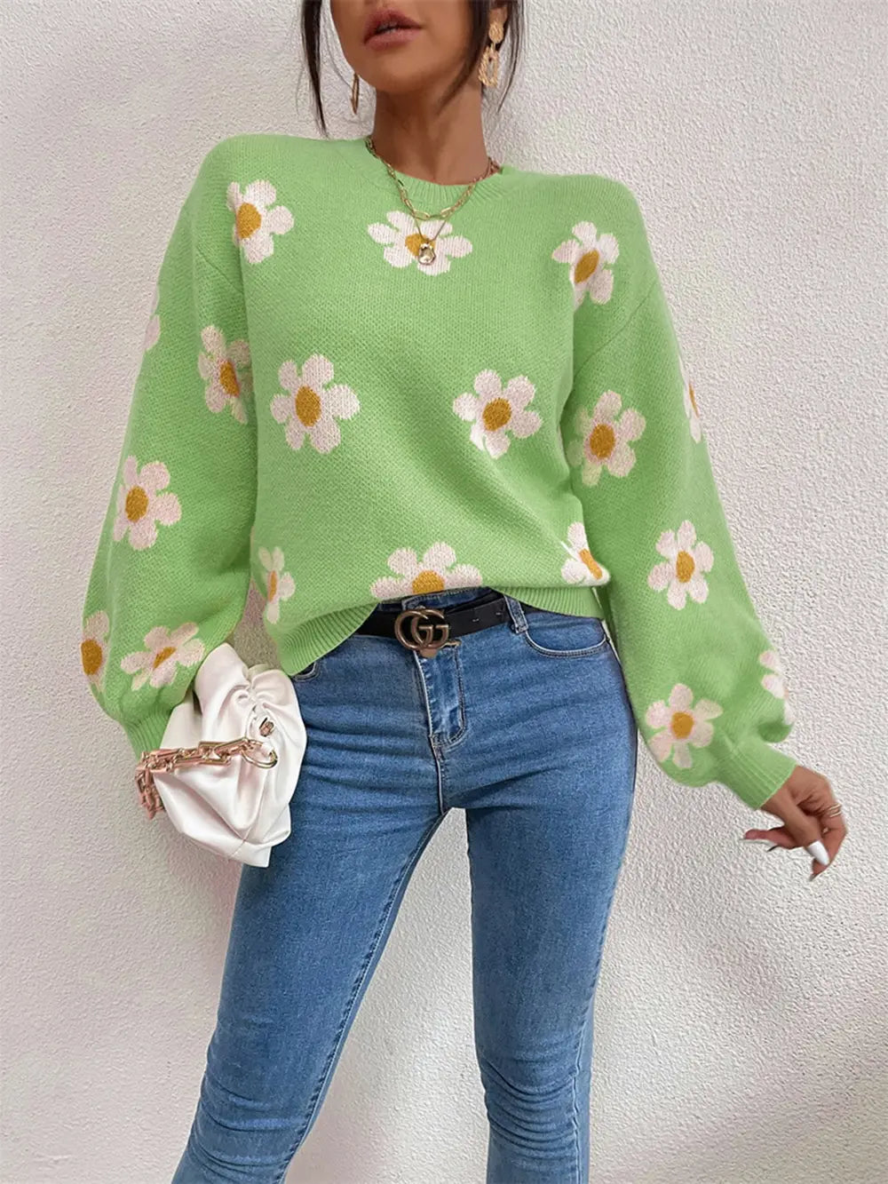 Flower Round Neck Latern Sleeve Sweater Trendsi