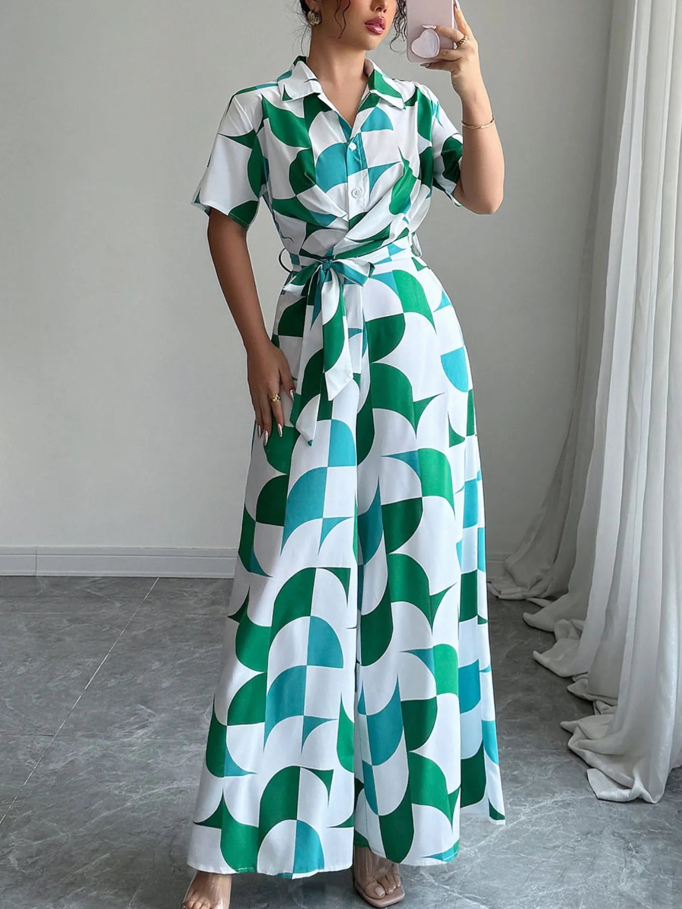 Printed Wide Leg Belted Jumpsuit nicholesgifts