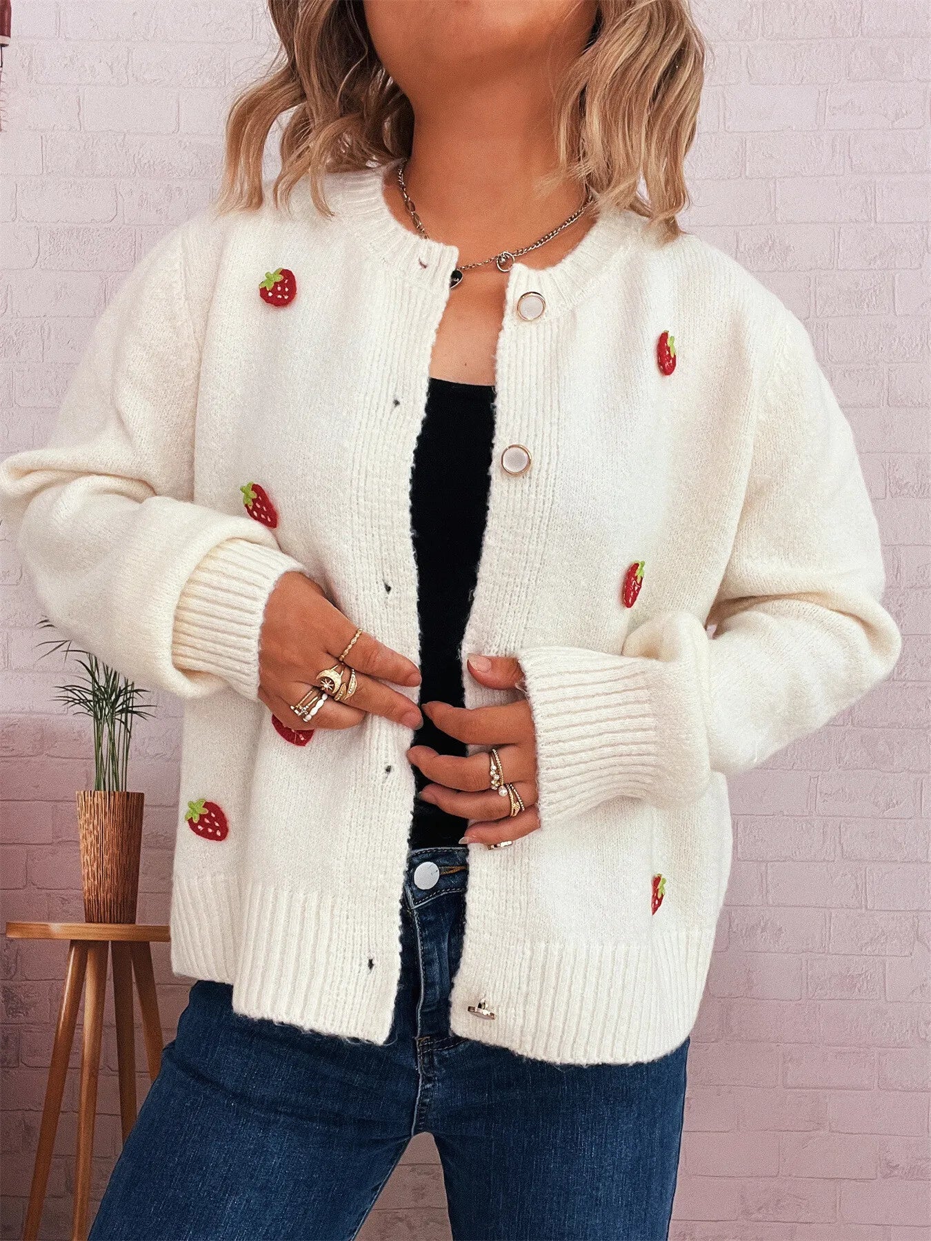 Strawberry Button Up Long Sleeve Cardigan Trendsi