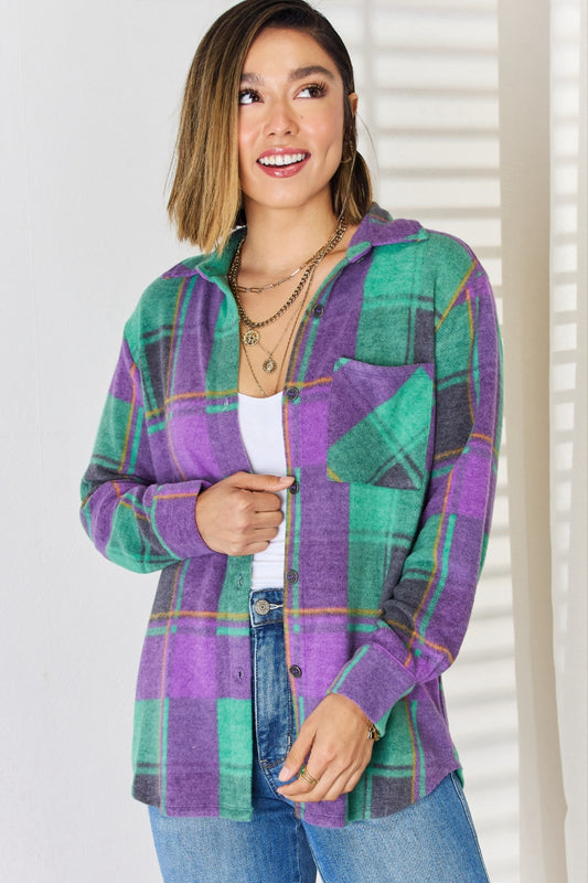 Zenana Plaid Button Up Long Sleeve Jacket nicholesgifts