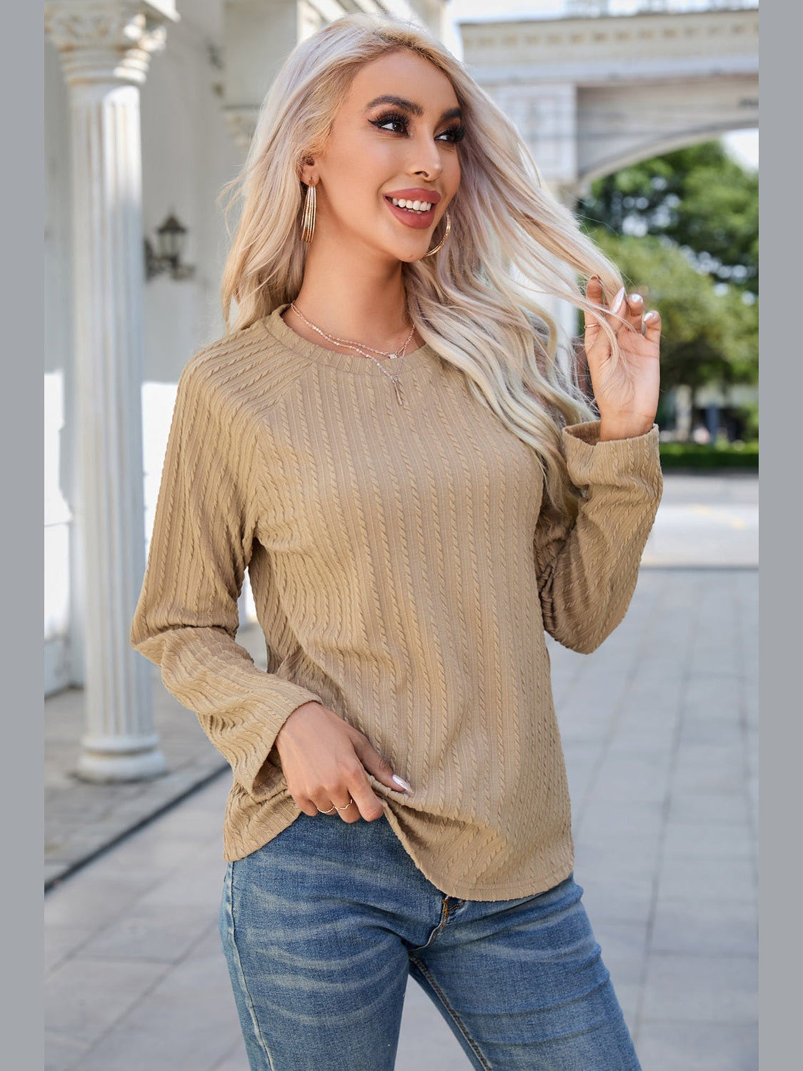 Round Neck Raglan Sleeve Ribbed Blouse NicholesGifts