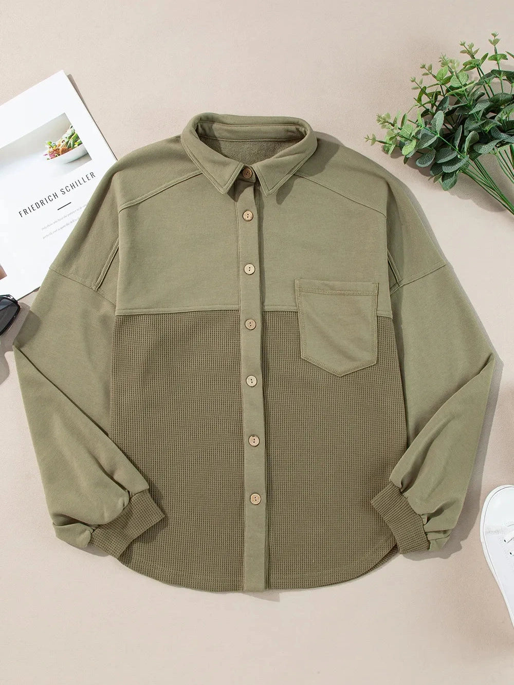 Waffle-Knit Collared Neck Long Sleeve Shacket