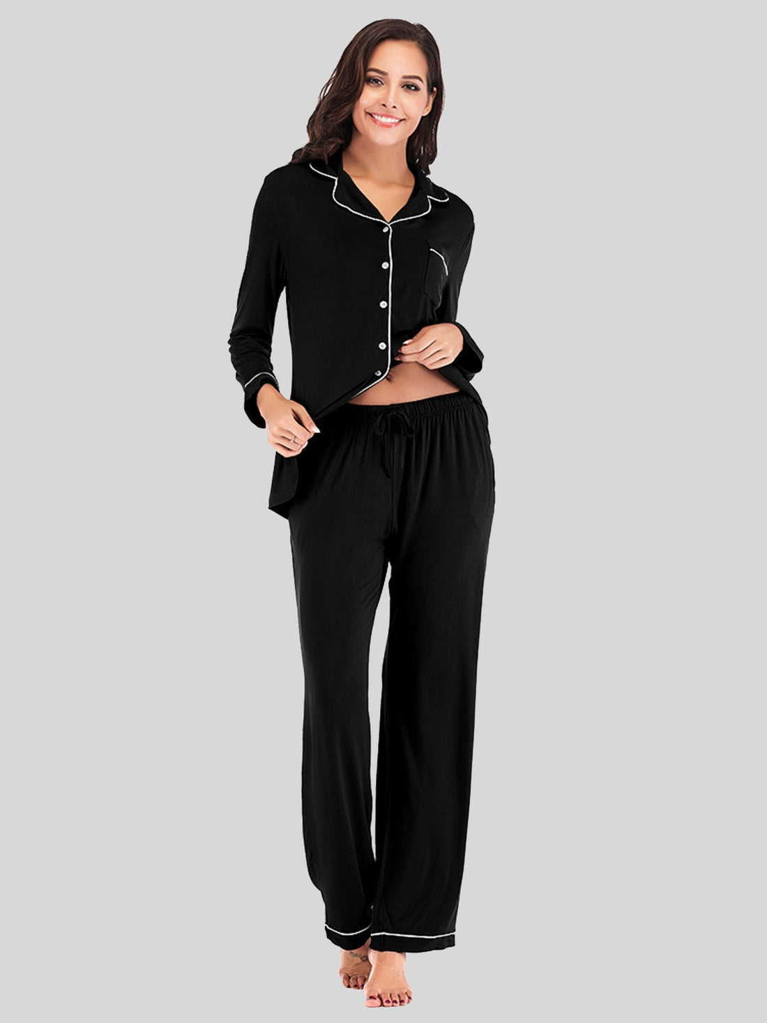 Collared Neck Long Sleeve Loungewear Set with Pockets nicholesgifts