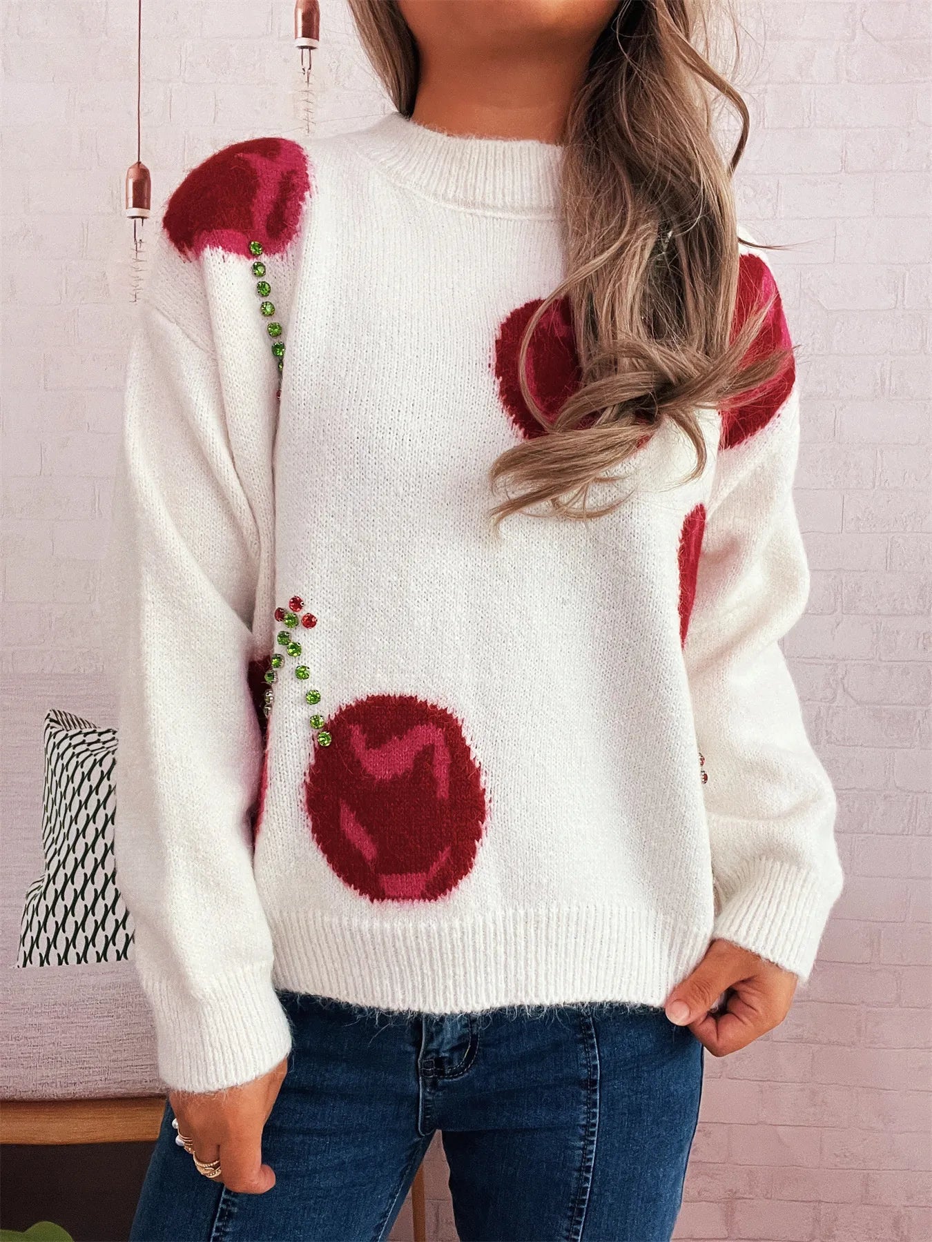 Contrast Cherry Round Neck Sweater