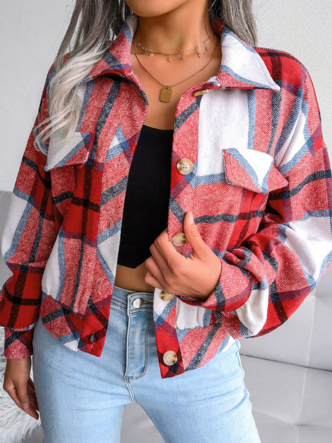 Plaid Collared Neck Drop Shoulder Jacket nicholesgifts