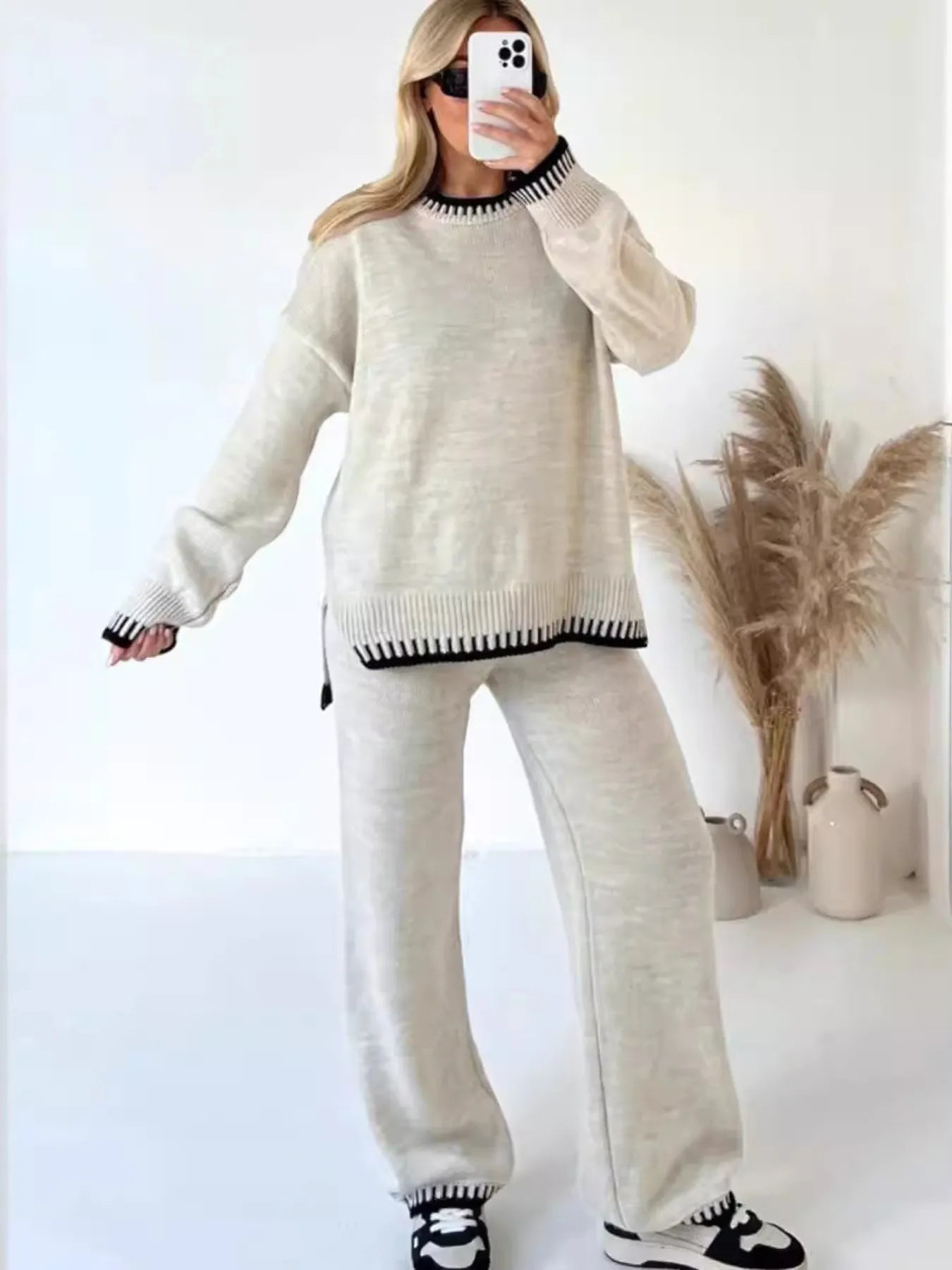 Contrast Trim Round Neck Top and Pants Sweater Set NicholesGifts