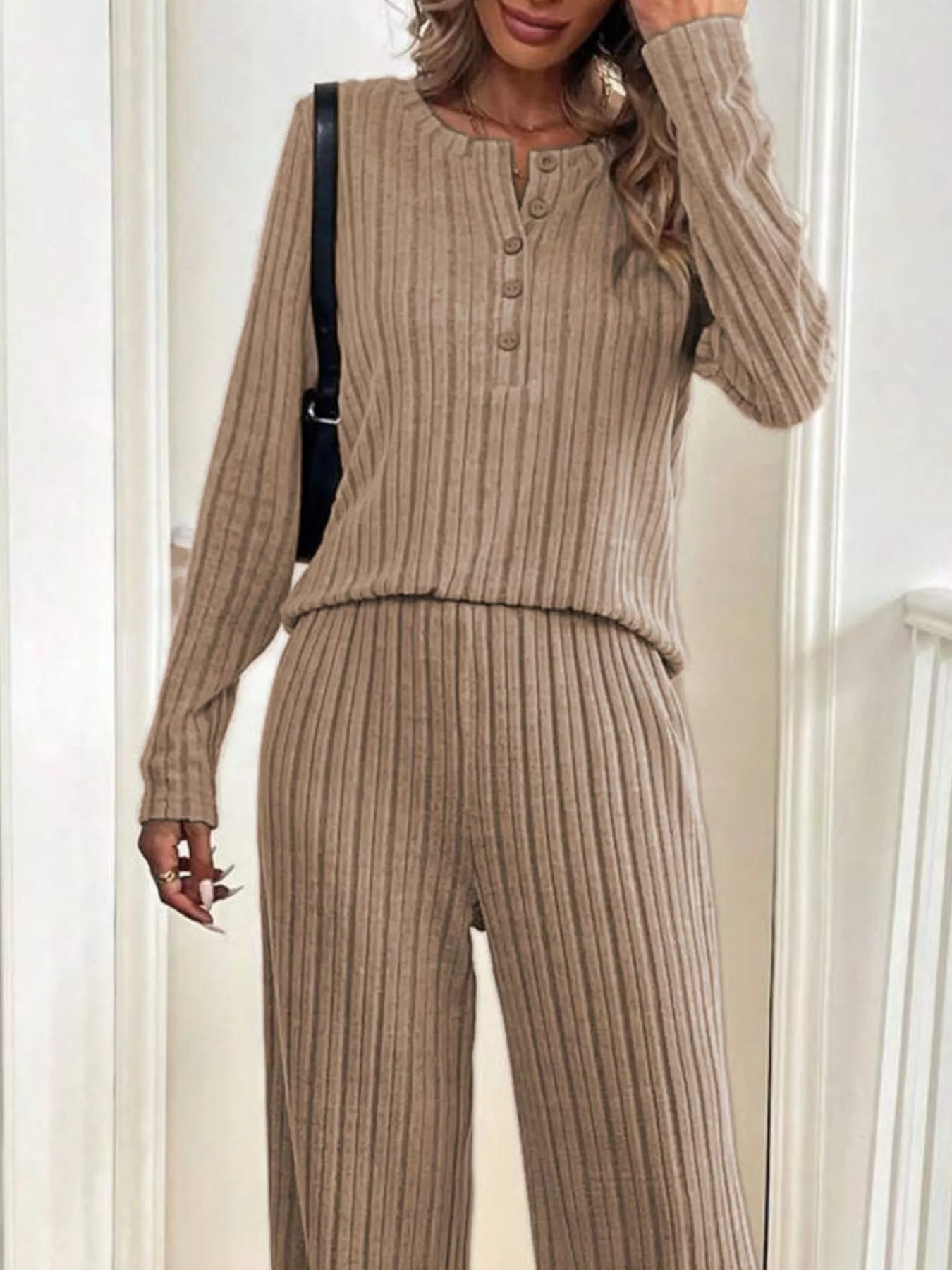Button Detail Long Sleeve Top and Pants Set Trendsi