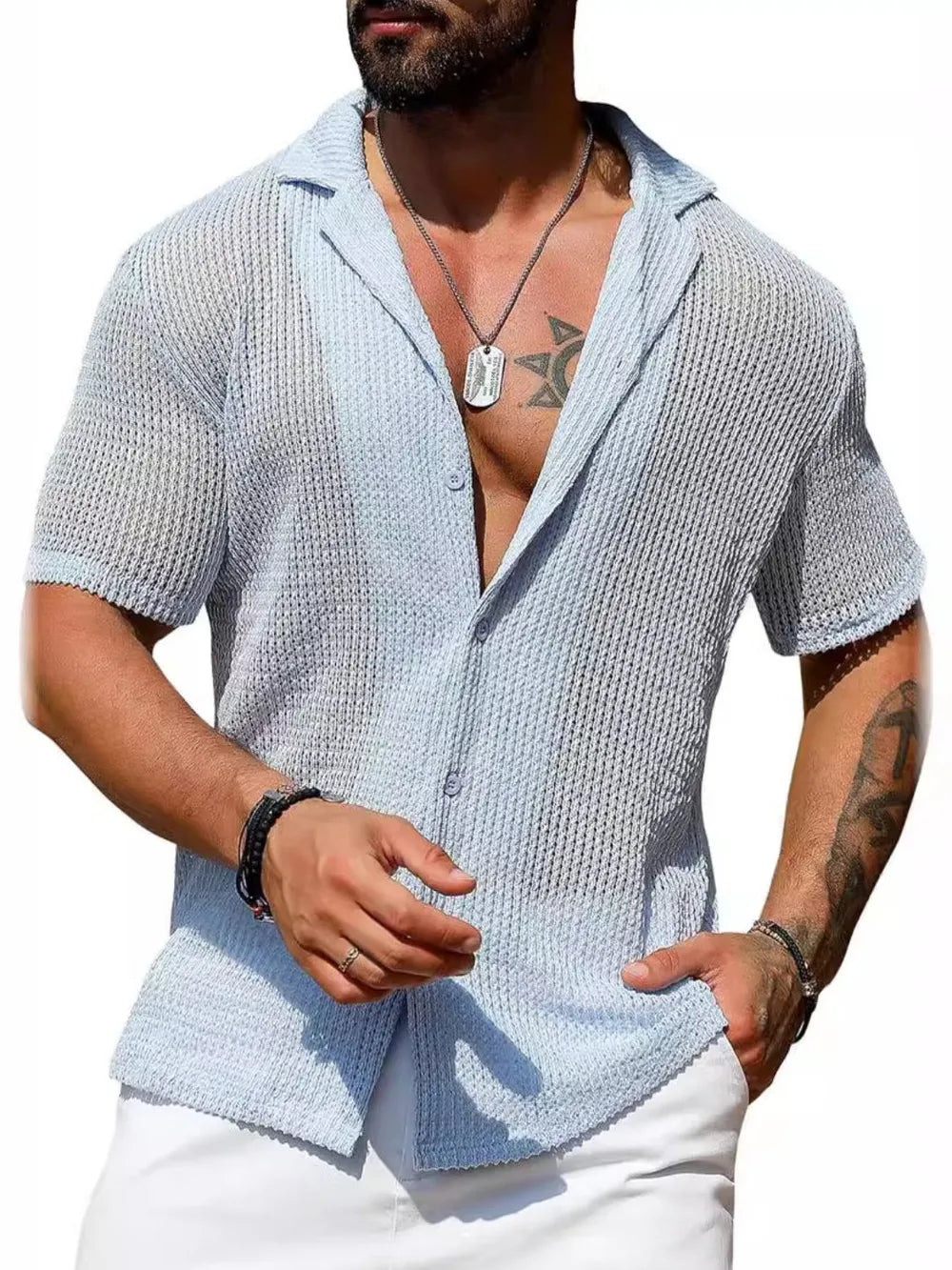 Men's Full Size Openwork Button Down Short Sleeve Shirt Plus Size NicholesGifts
