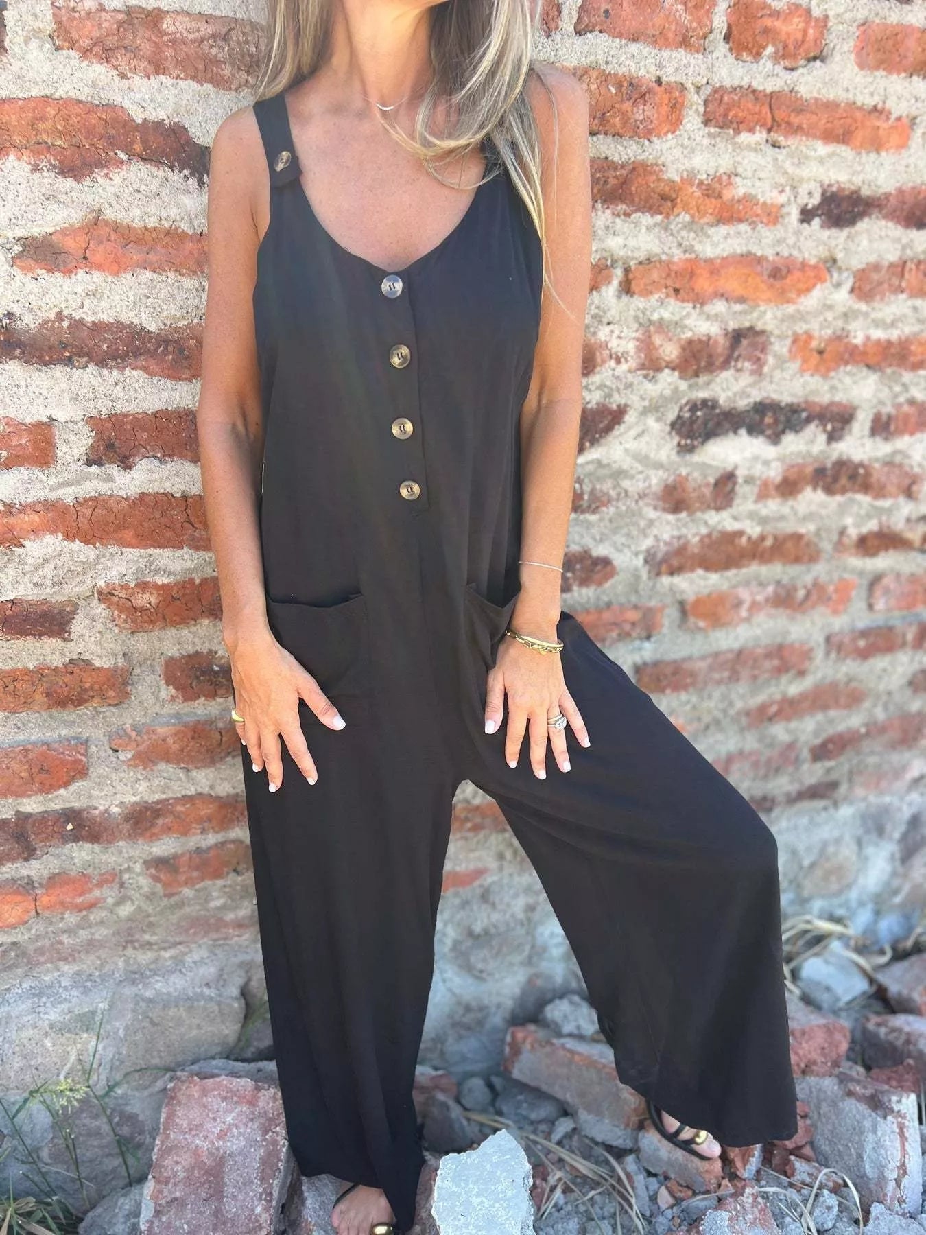Full Size Button-Front Wide Leg Jumpsuit Plus Size nicholesgifts