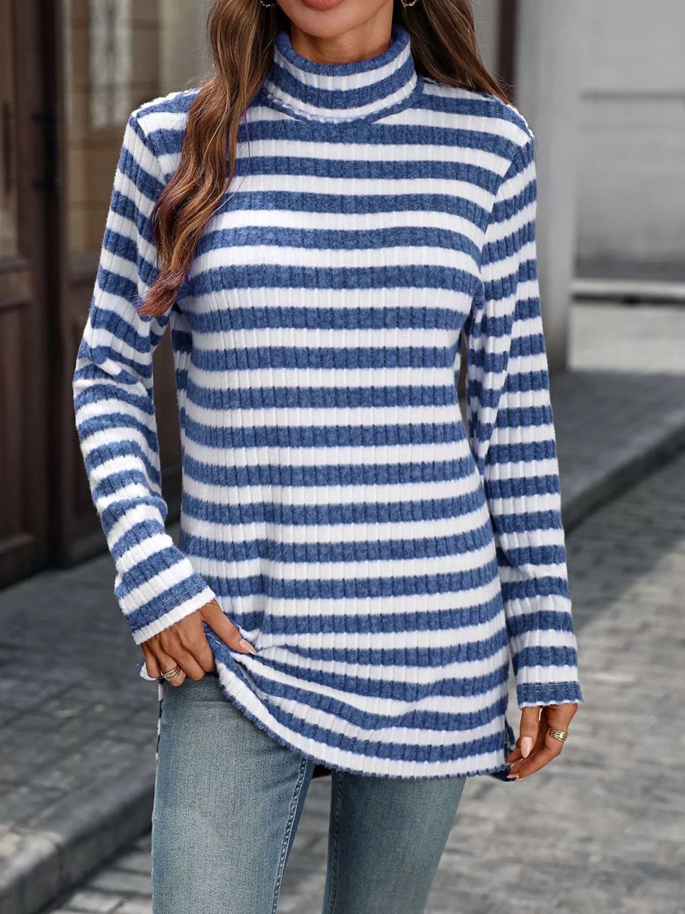 Striped Turtleneck Long Sleeve Knit Top Trendsi