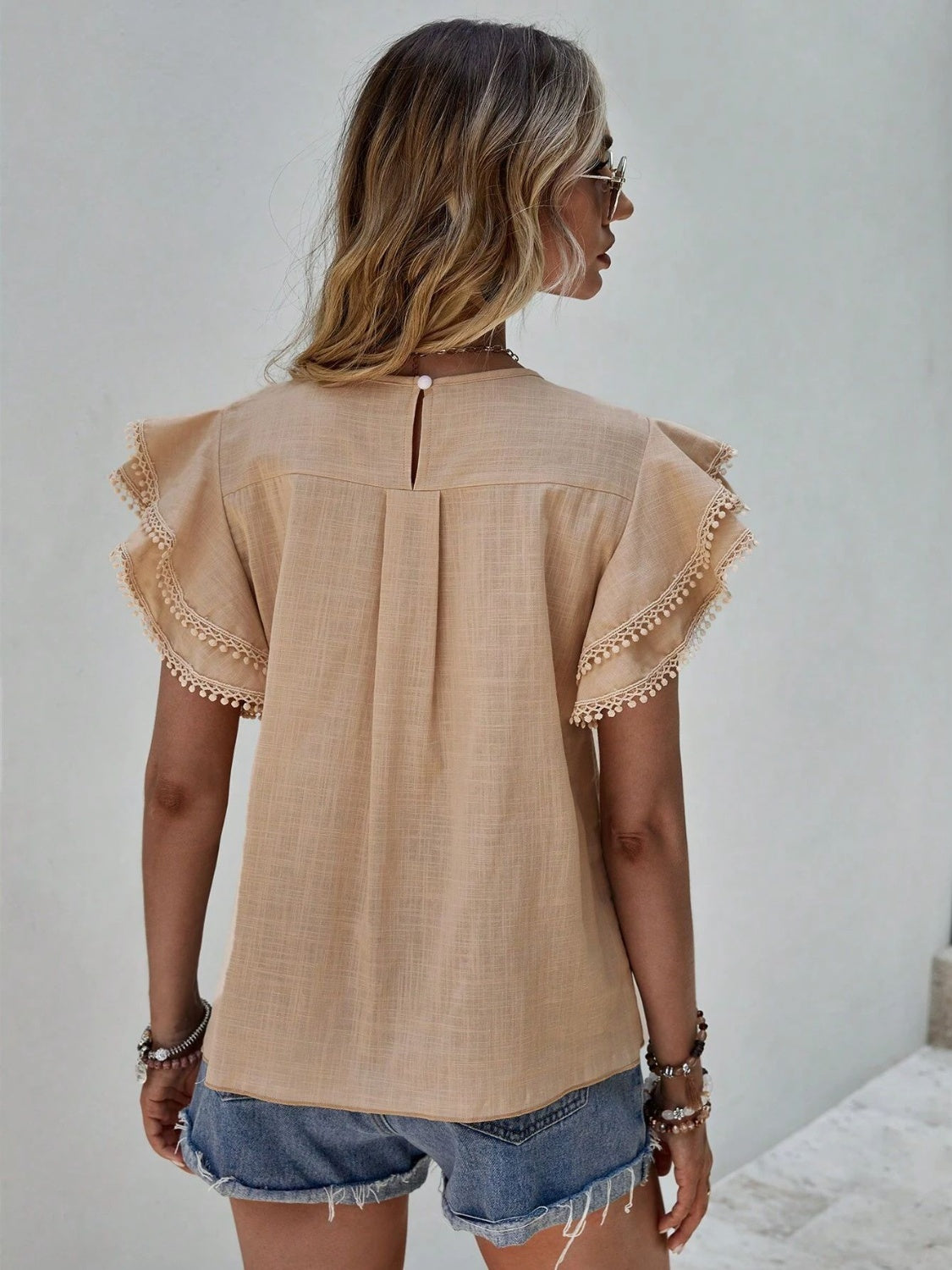 Ruffled Cap Sleeve Round Neck Blouse nicholesgifts