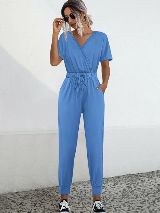 Drawstring Waist Short Sleeve Jumpsuit nicholesgifts