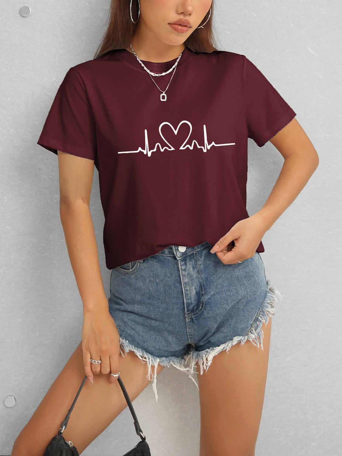 Heart Round Neck Short Sleeve T-Shirt nicholesgifts