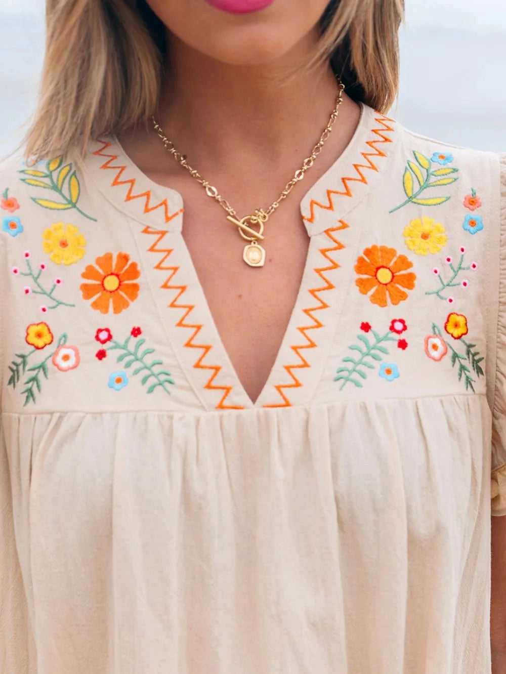 Floral Embroidery Pom Pom Ruffle Sleeves Mini Dress NicholesGifts