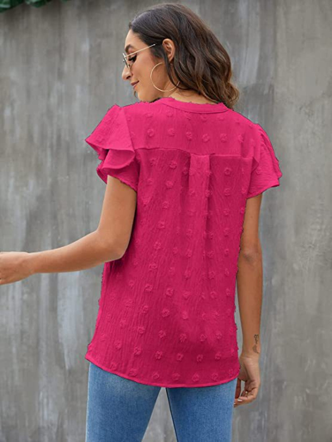 Swiss Dot Notched Cap Sleeve Blouse nicholesgifts