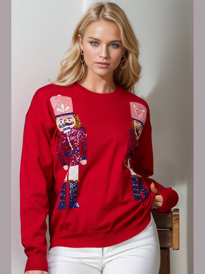 Women Double Take Full Size Nutcracker Sequin Long Sleeve Sweater nicholesgifts