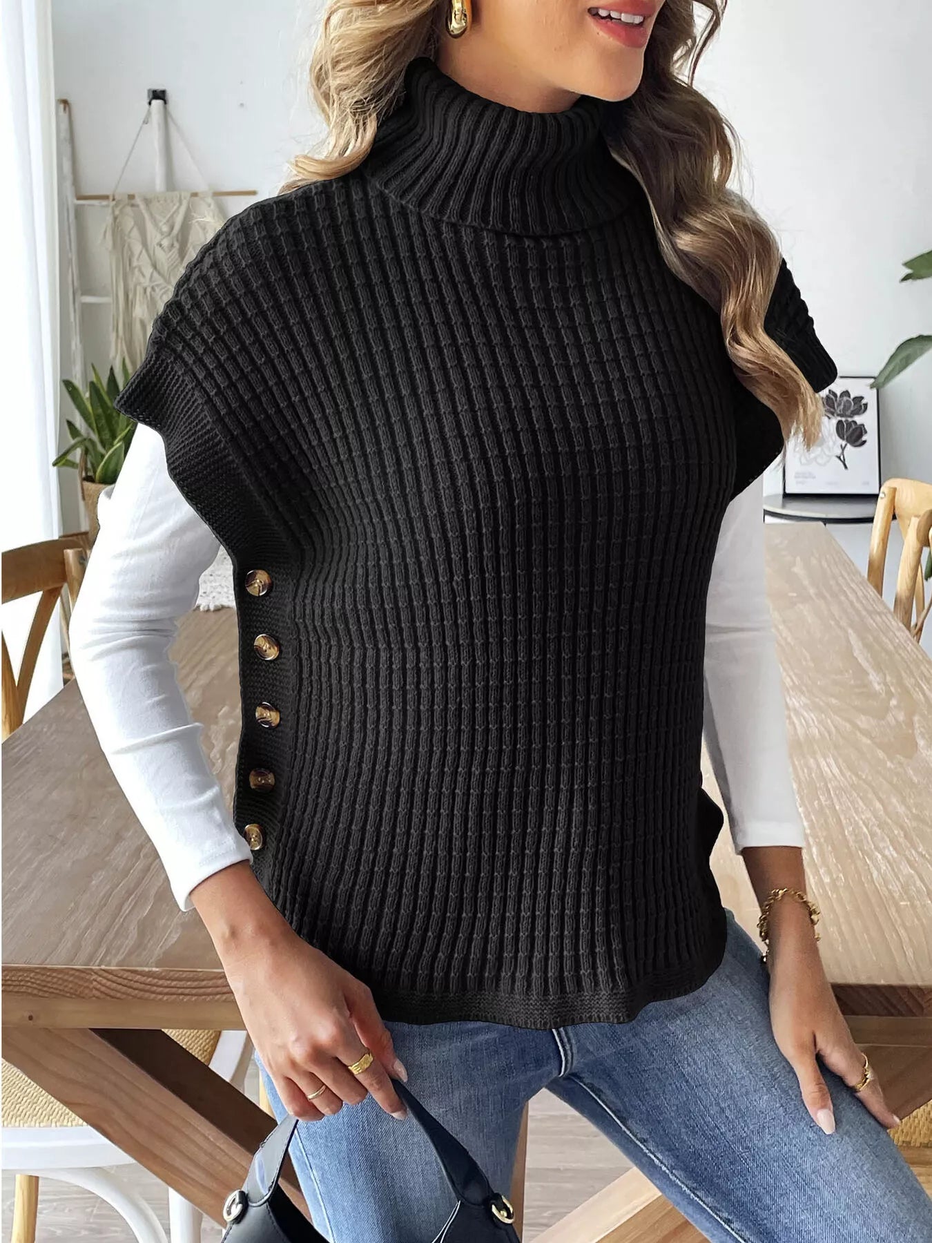 Turtleneck Side Decor Button Sweater Vest nicholesgifts