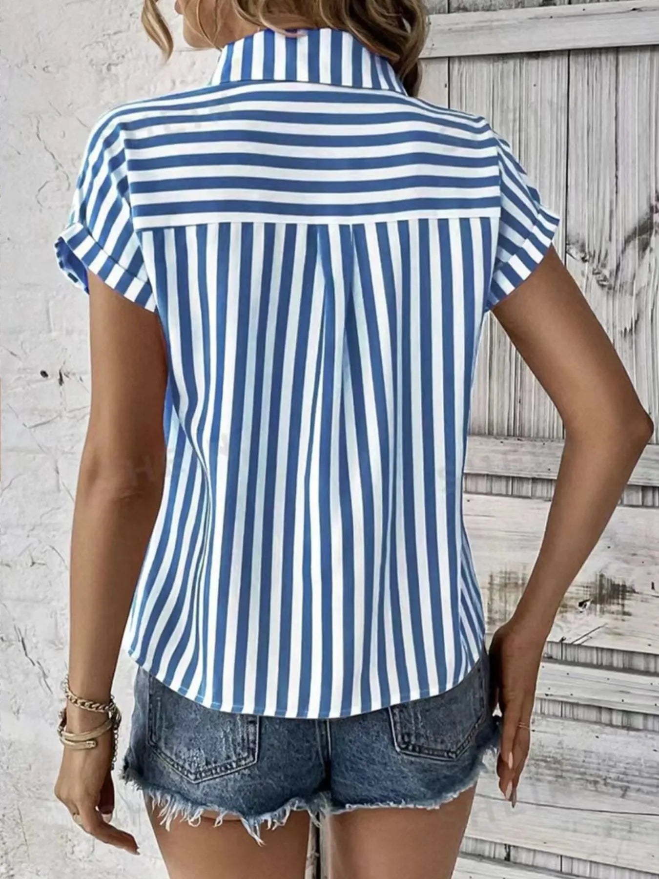 Striped Button-Up Short Sleeve Shirt with Pocket