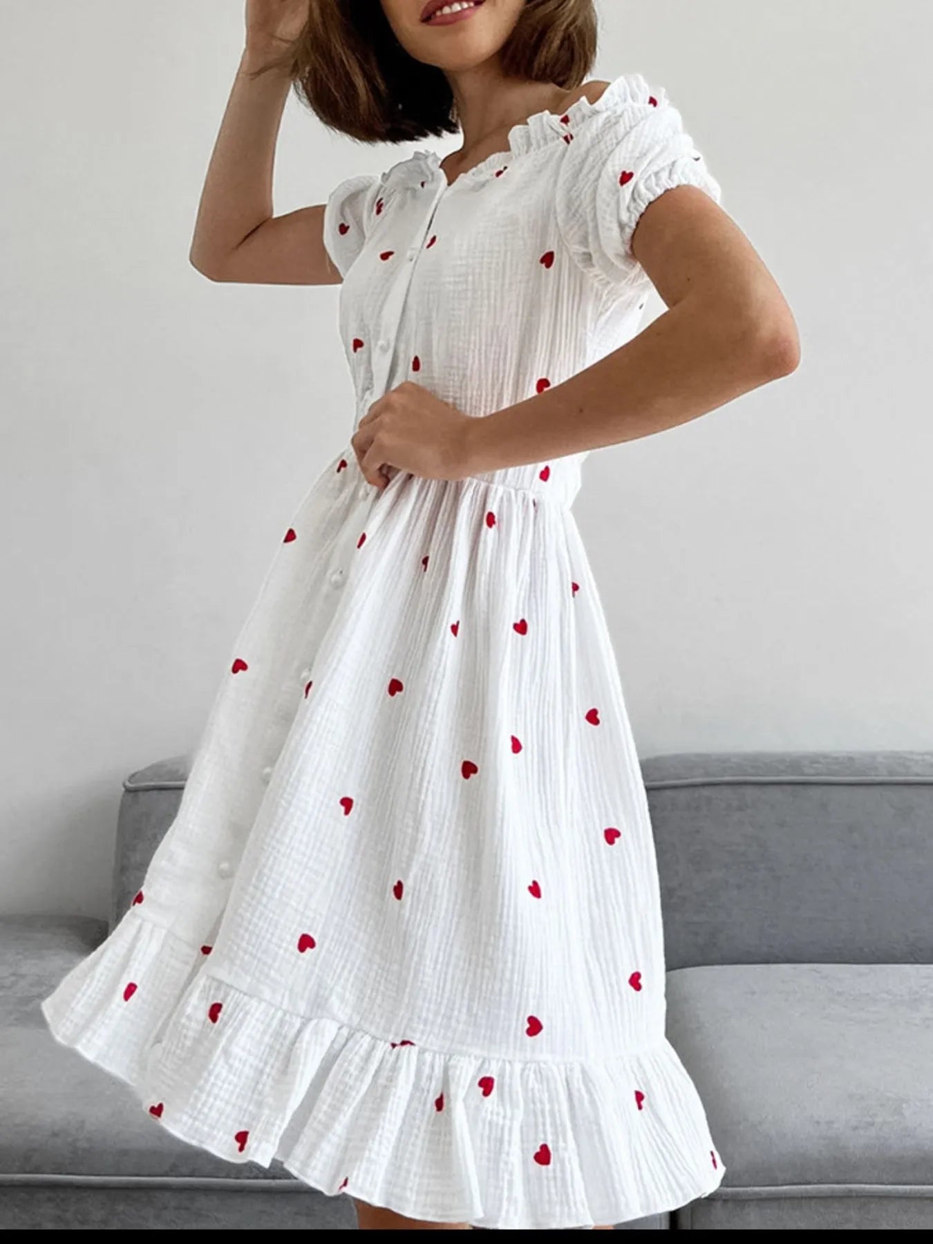 Heart Printed Off-Shoulder Ruffle Mini Dress NicholesGifts