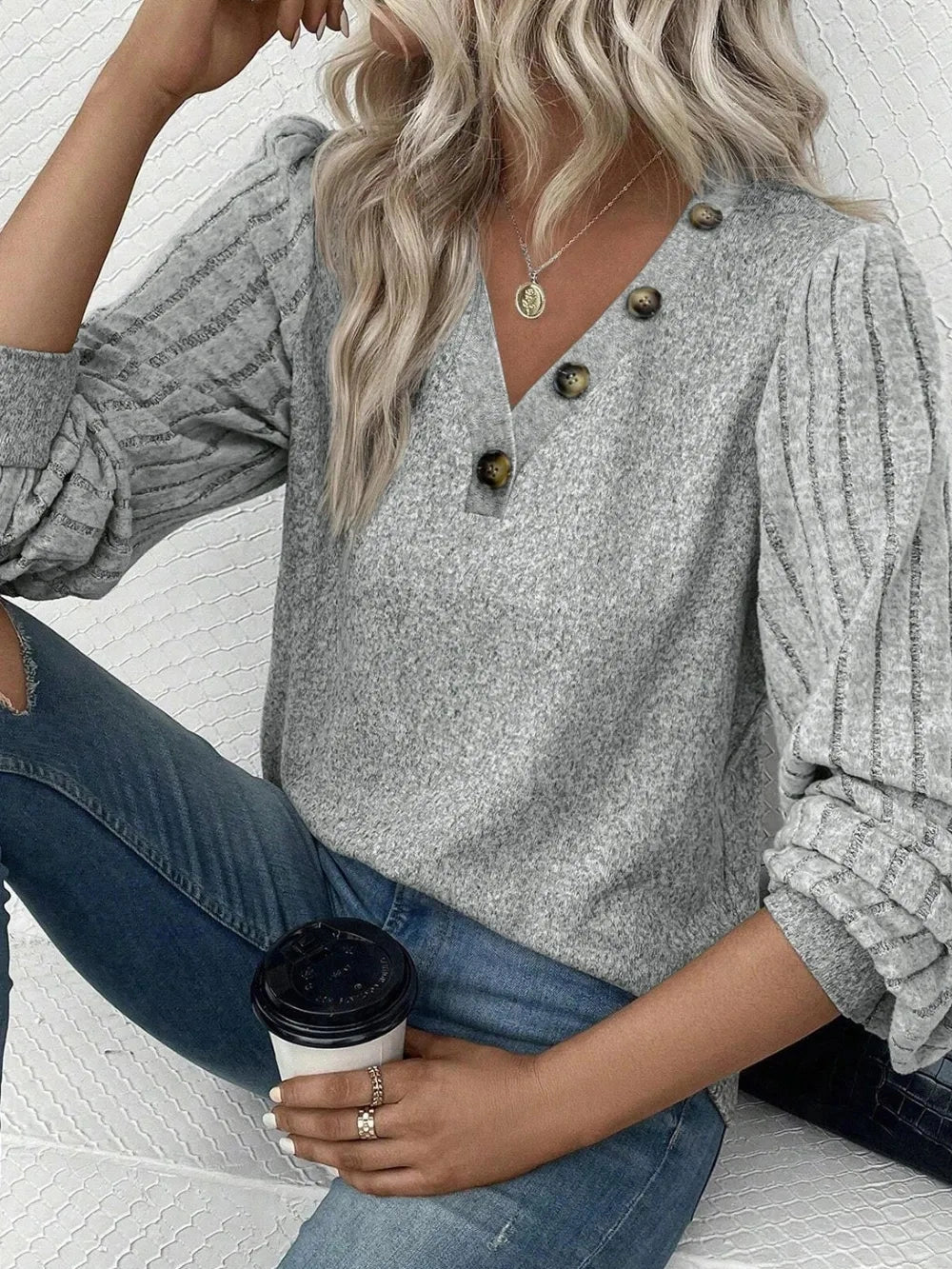 Decorative Button V-Neck Lantern Sleeve Blouse