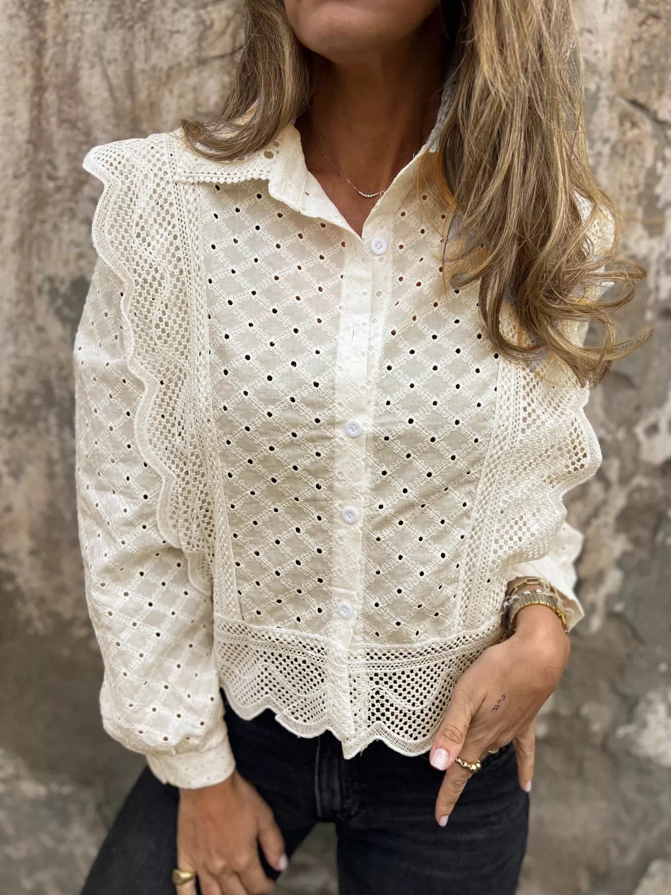 Eyelet Button-Up Shirt with Scalloped Hem