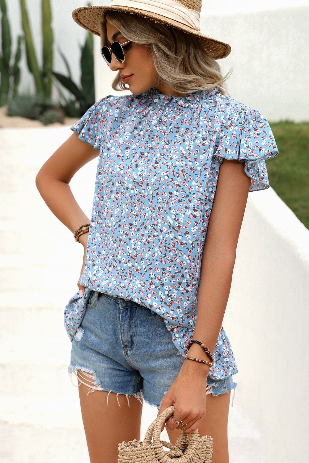 Ditsy Floral Mock Neck Short Sleeve T-Shirt nicholesgifts