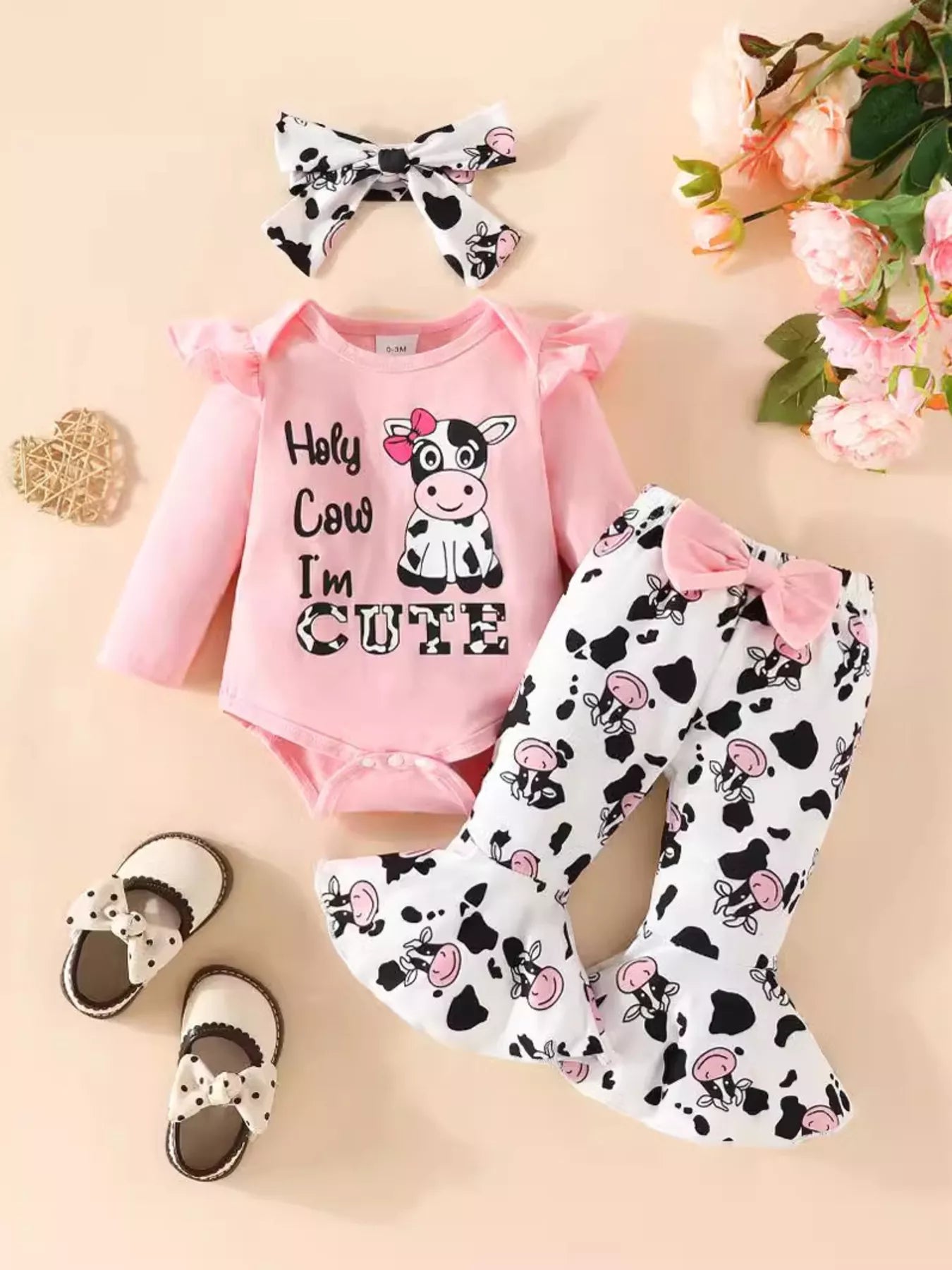Children's Cow Graphic Ruffle Trim Bodysuit and Pants Set NicholesGifts
