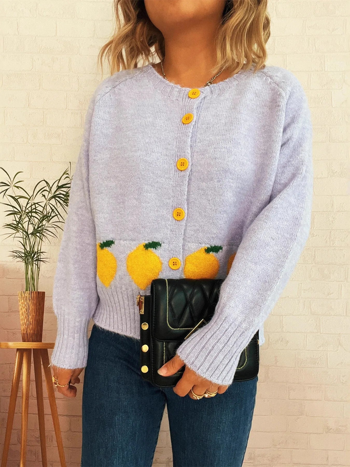 Lemon Pattern Button-Up Cardigan
