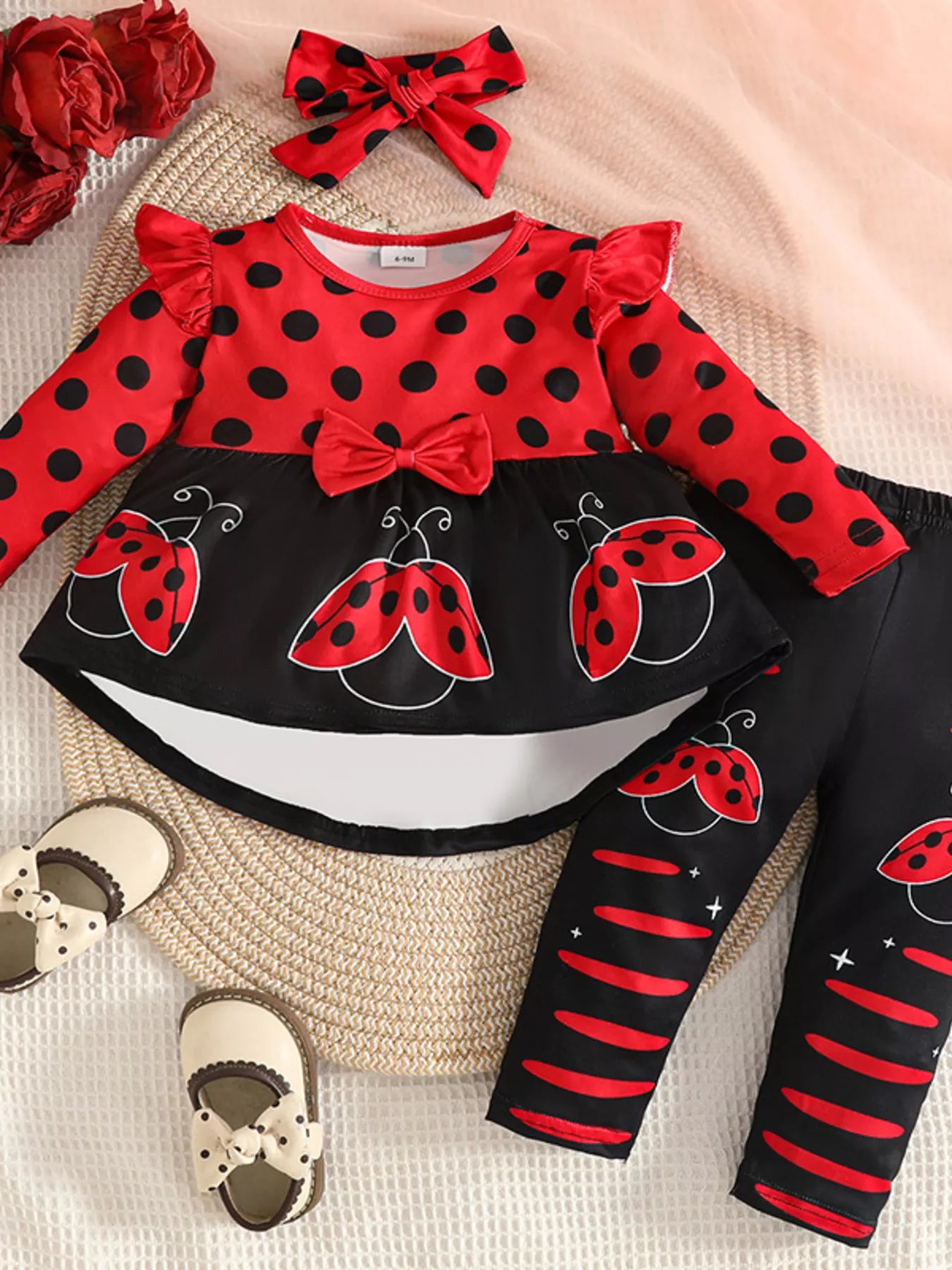 Children's Ladybug Print Ruffle Trim Top and Pants Set NicholesGifts