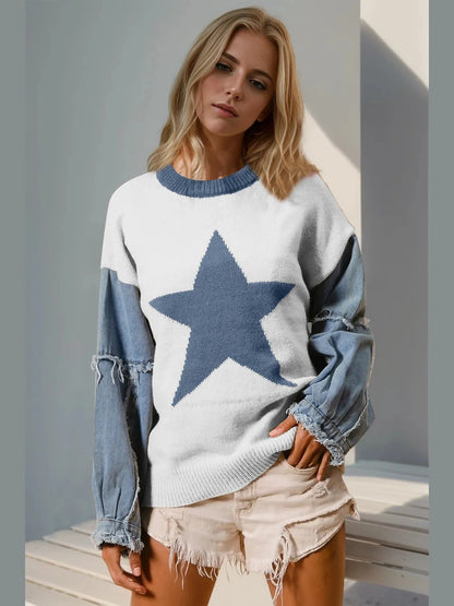 Women Double Take Full Size Star Pattern Raw Edge Long Sleeve Sweater nicholesgifts