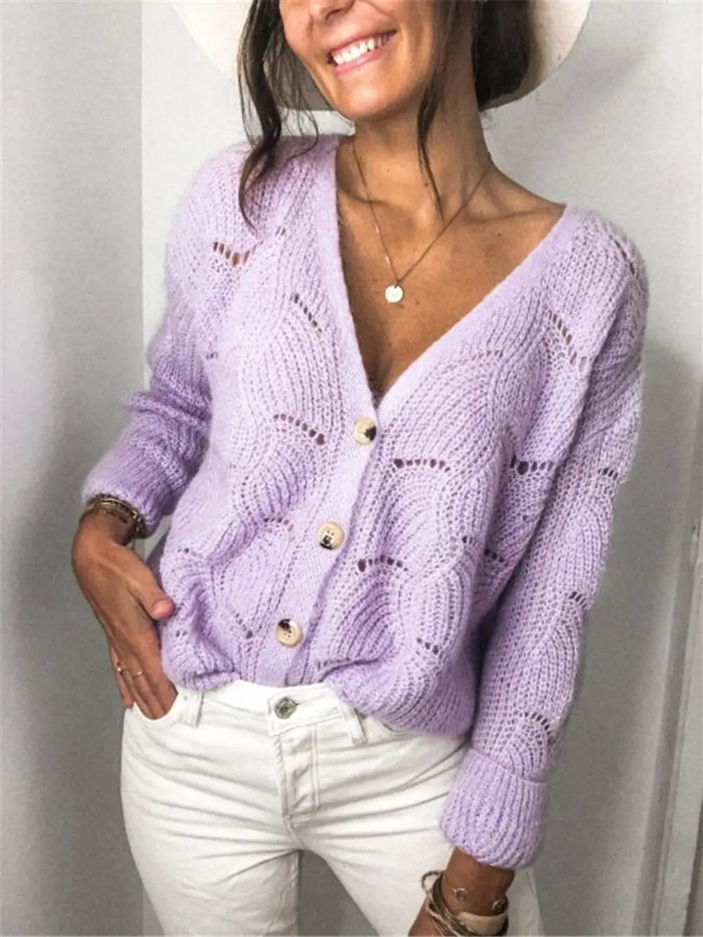 Openwork Button Up Long Sleeve Cardigan nicholesgifts