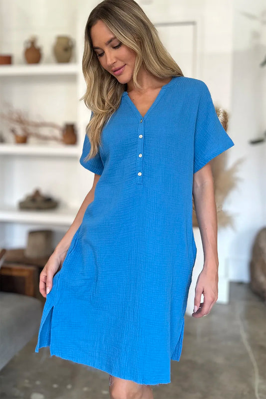 FAM-FAM Slit Notched Short Sleeve Mini Dress Trendsi