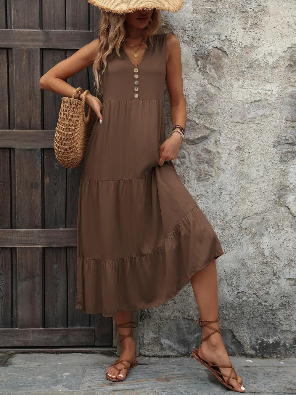Ivy Lane Decorative Button Notched Sleeveless Dress Trendsi