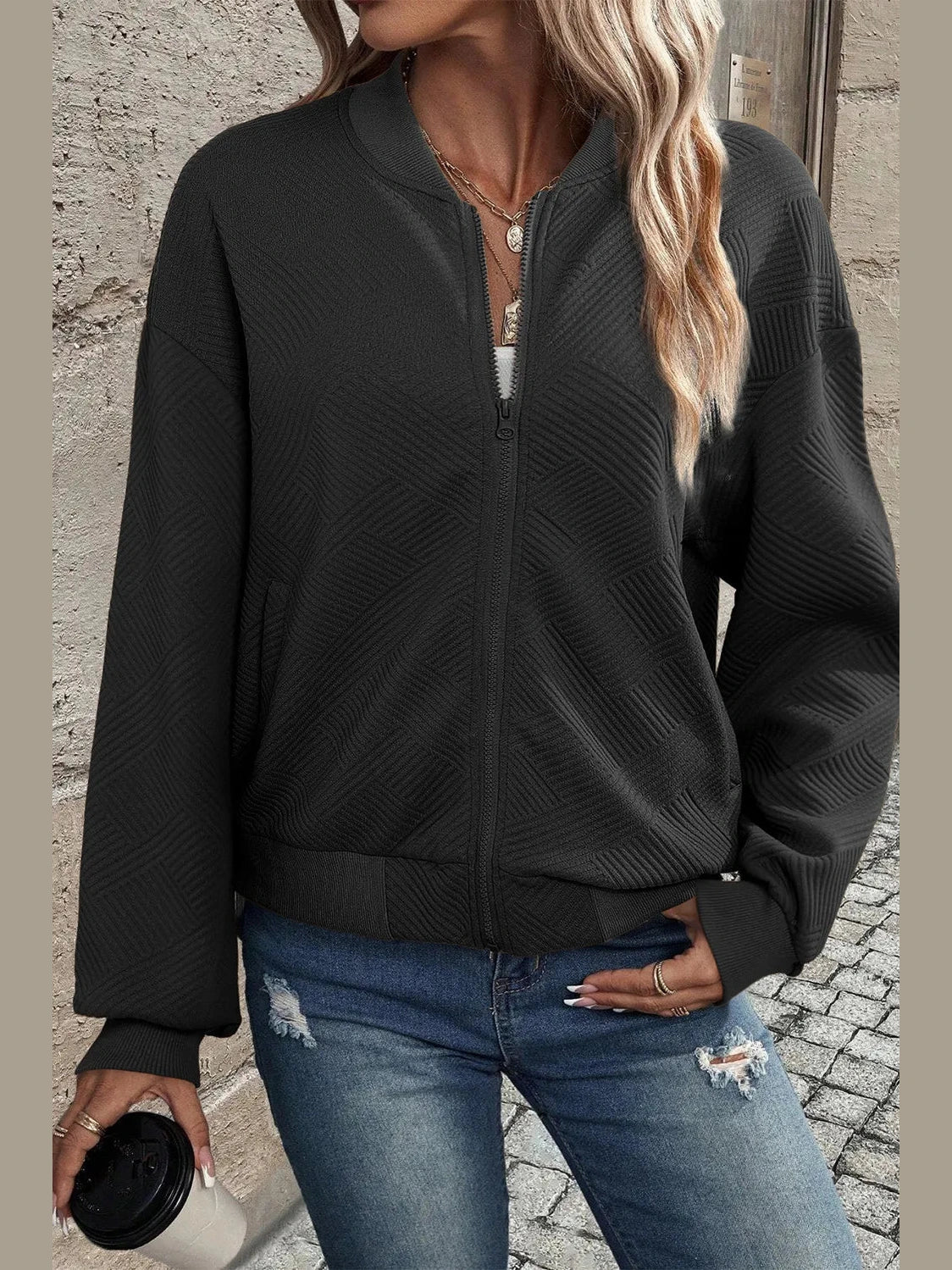 Textured Zip Up Baseball Collar Jacket Trendsi