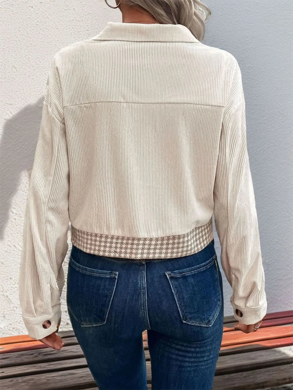 Perfee Pocketed Houndstooth Long Sleeve Jacket nicholesgifts
