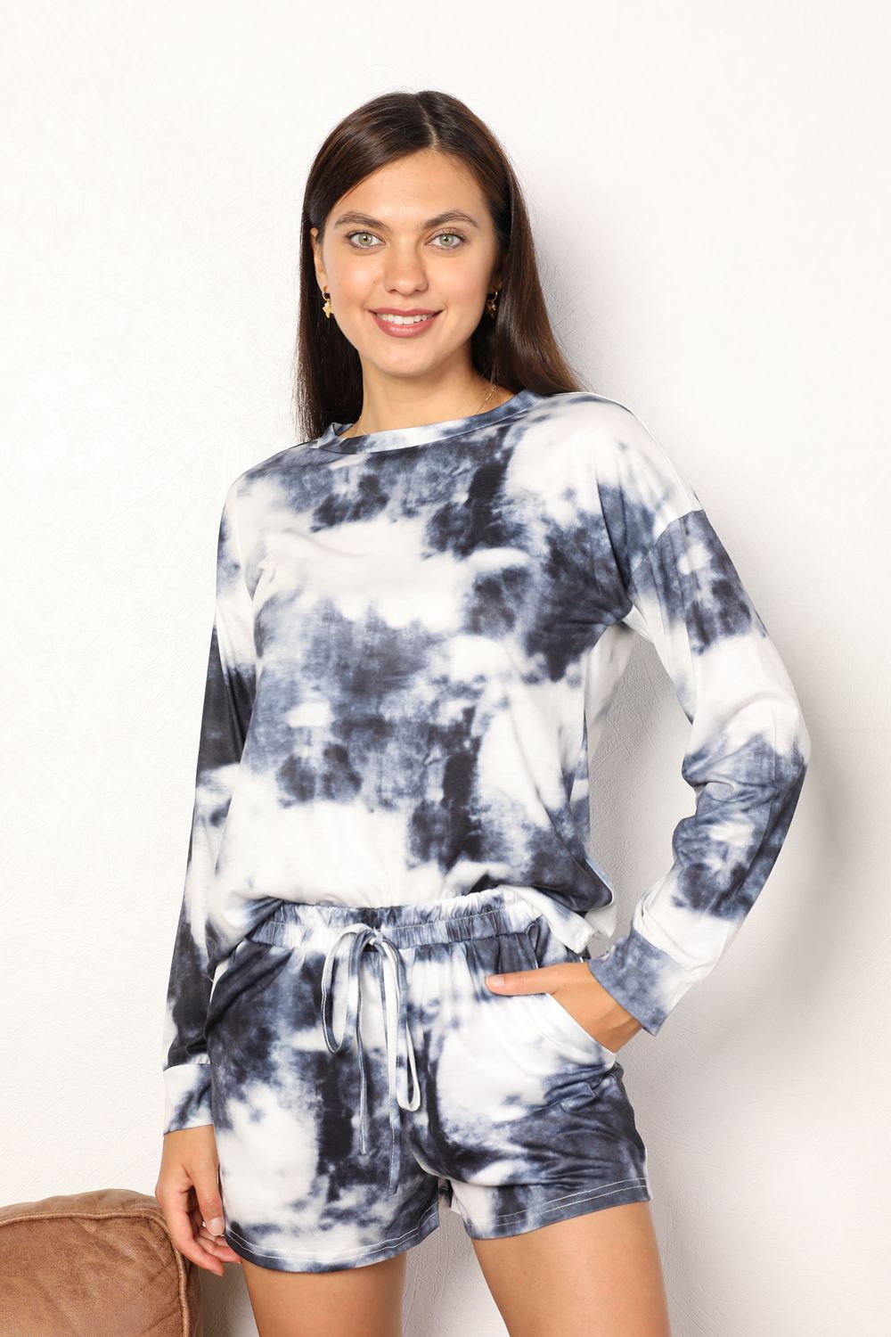 Double Take Tie-Dye Round Neck Top and Shorts Lounge Set nicholesgifts