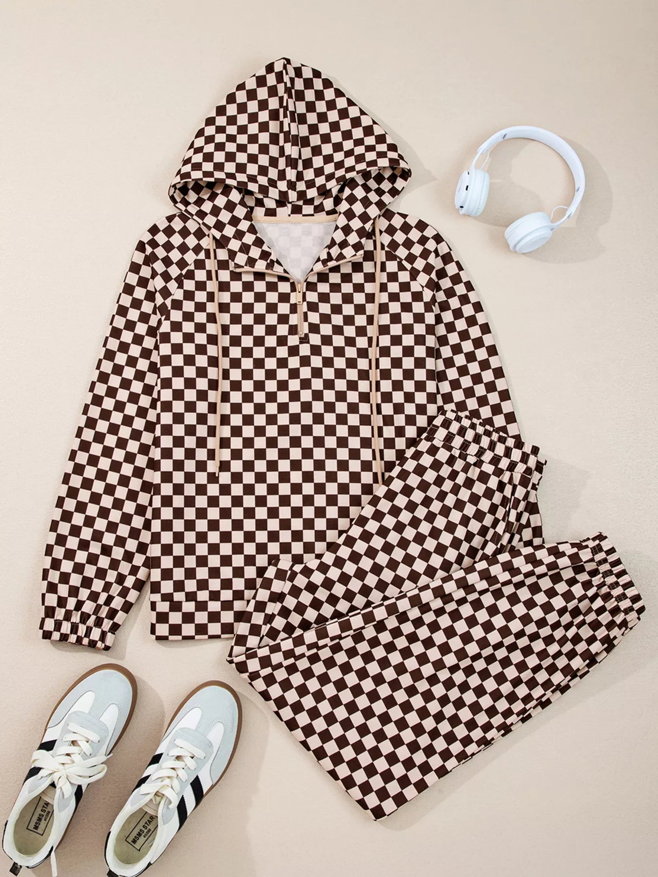 Checkered Drawstring Hoodie and Pants Set Trendsi