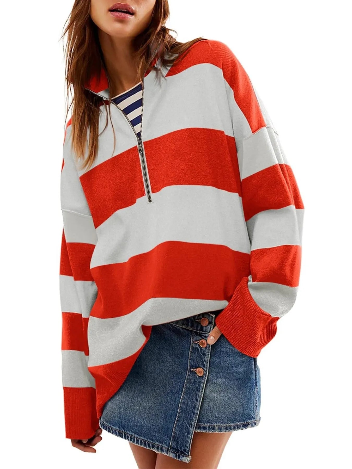 Striped Half-Zip Oversized Sweatshirt NicholesGifts