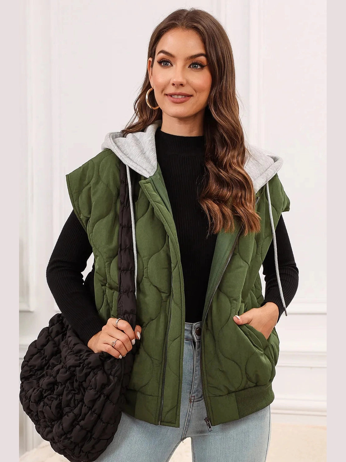 Drawstring Zip Up Hooded Vest Coat nicholesgifts