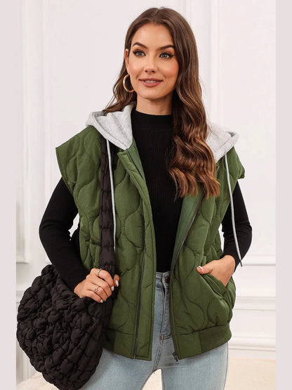 Drawstring Zip Up Hooded Vest Coat nicholesgifts
