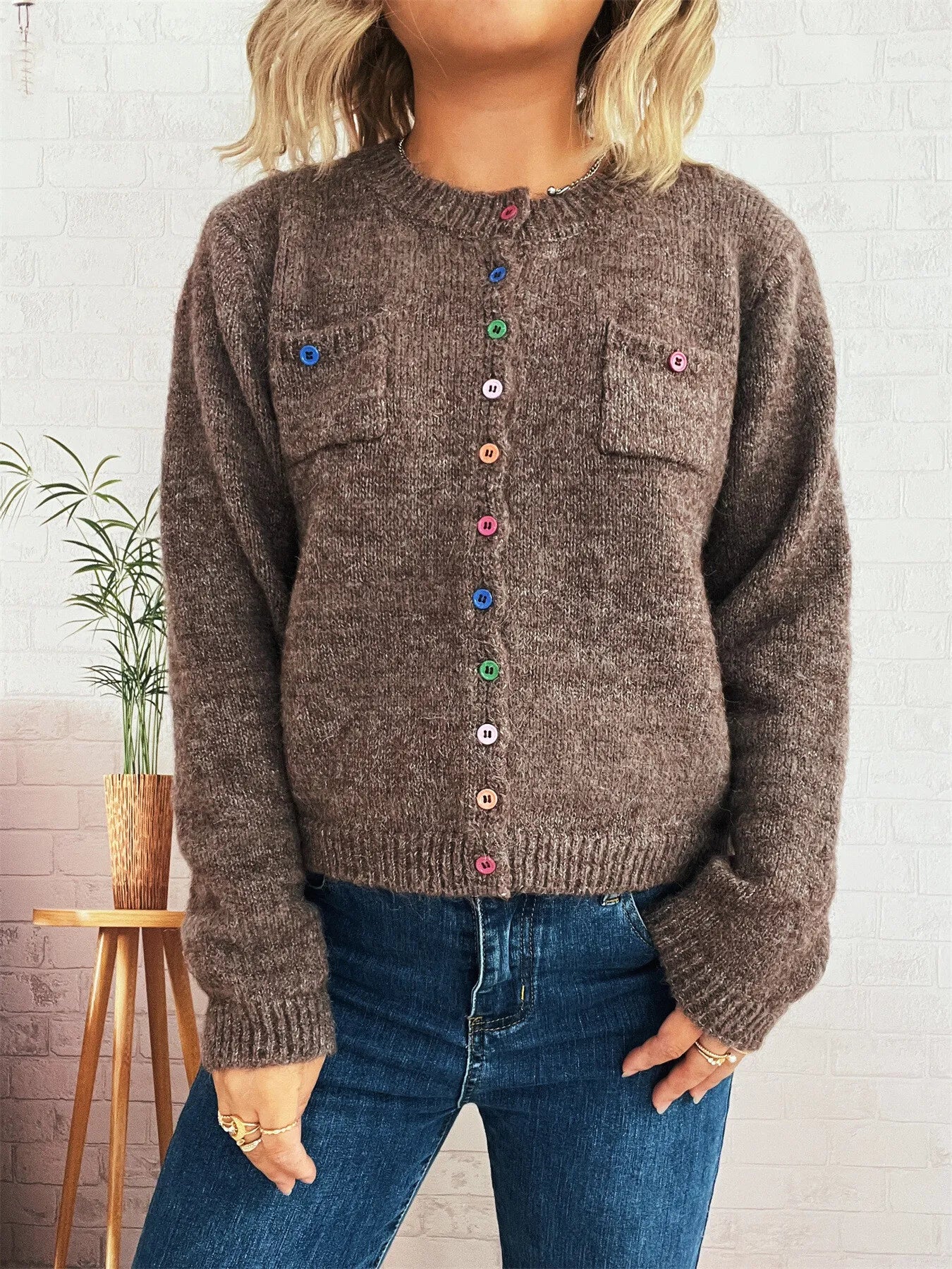 Button-Up Ribbed Hem Cardigan with Chest Pocket