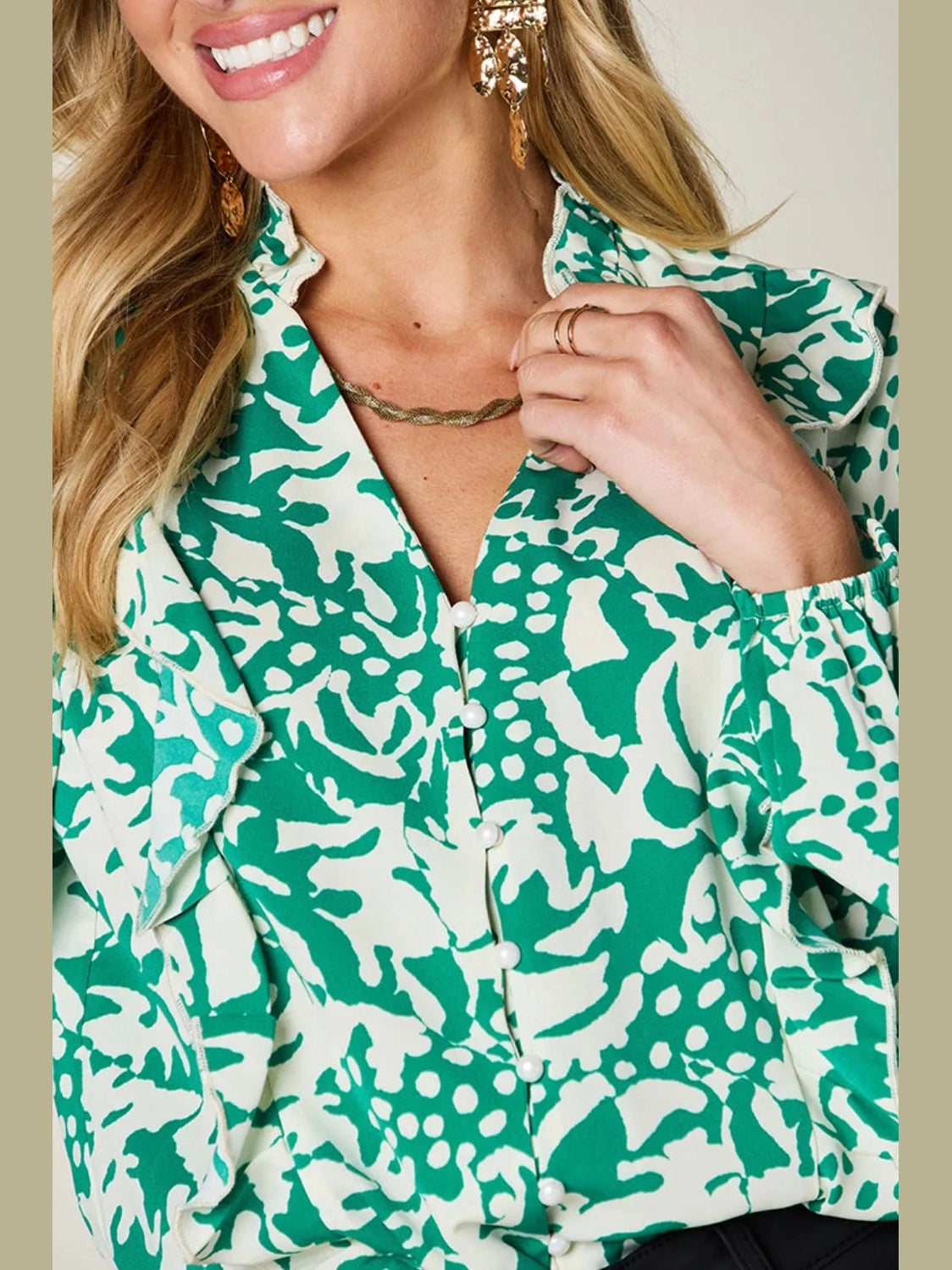 Double Take Full Size Printed Ruffle Trim Balloon Sleeve Shirt